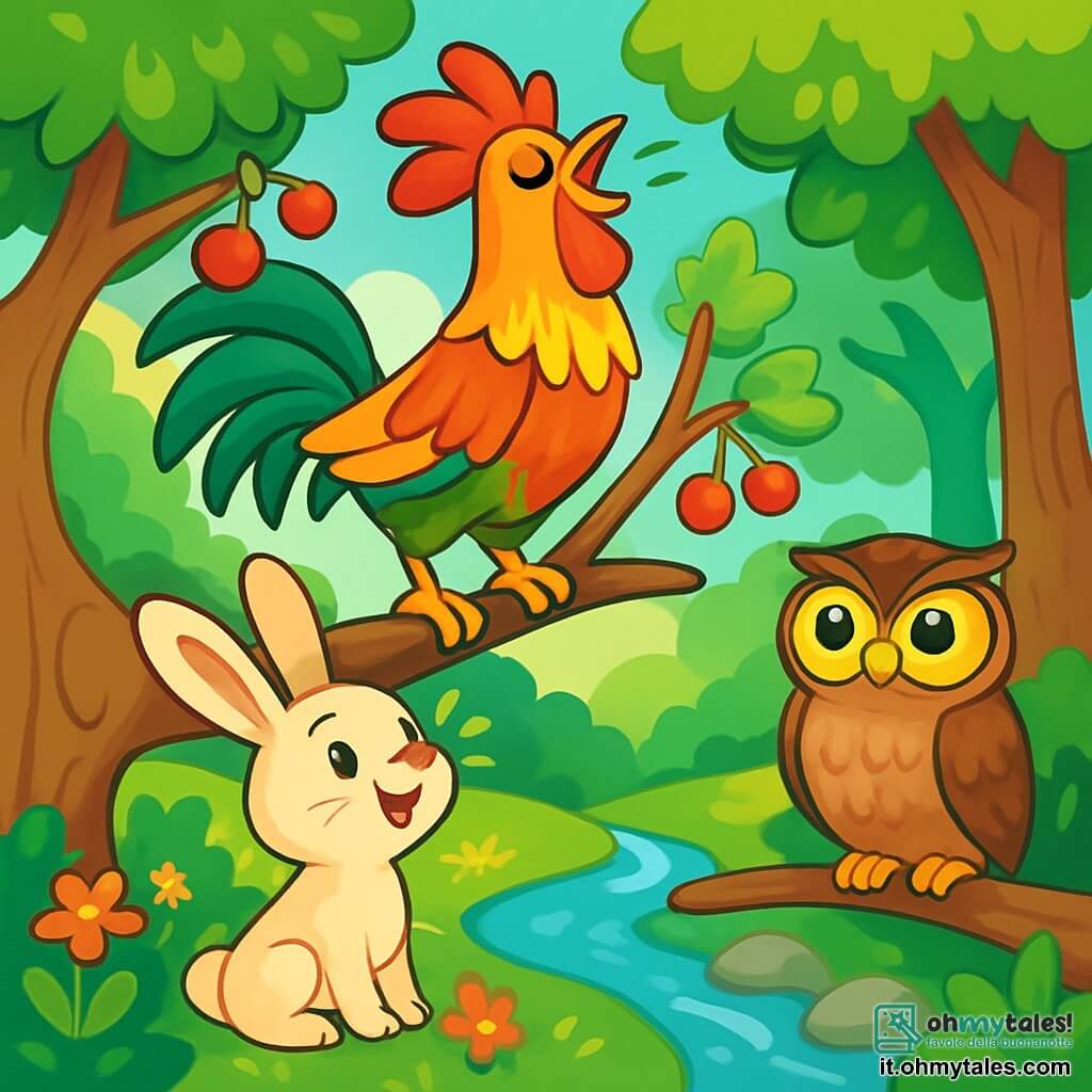 Un gallo dalle piume brillanti, mescolando tonalità di rosso, giallo e verde, si erge fiero su un grande ramo di un ciliegio, il suo sguardo scintillante di determinazione e gioia. Canta a pieni polmoni, con le ali leggermente spiegate, come se volesse abbracciare il cielo. Accanto a lui, una piccola coniglietta dalle grandi orecchie, con un pelo morbido e cremoso, alza la testa con un sorriso meravigliato, pronta ad ascoltarlo. Un riflesso di luce illumina il suo viso gioioso. Sotto, un saggio gufo dagli occhi rotondi e dorati, posato su un altro ramo, osserva la scena con aria attenta, le sue piume brune si fondono con il fogliame. La scena si svolge nel cuore di una foresta vibrante, dove alberi maestosi, con tronchi spessi e foglie di un verde brillante, formano un tetto naturale. Fiori colorati punteggiano il terreno, mentre un ruscello scintillante serpeggia tra le rocce, aggiungendo un tocco di magia all'ambiente. Il gallo canta per svegliare la foresta, portando gioia e armonia, mentre i suoi amici animali si radunano attorno a lui, pronti a celebrare insieme il nuovo giorno.