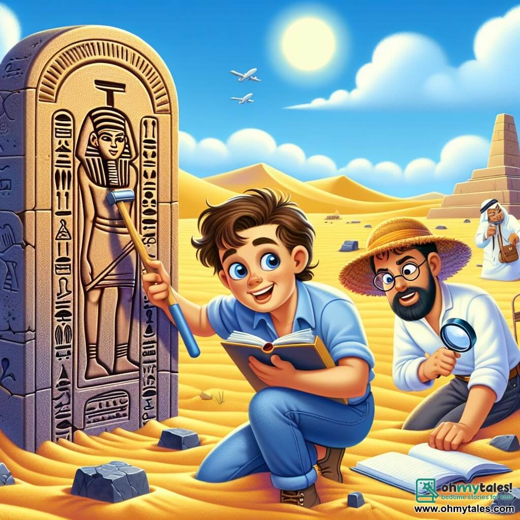 In the foreground, Dr. Oliver Stone, a man in his thirties with messy brown hair and sparkling eyes full of curiosity, stands in front of a stone door adorned with hieroglyphs. His face expresses excitement and wonder as he uses a brush to clear sand from around the door, revealing mysterious details. Next to him, Sarah, a young woman about 25 with brown hair in a ponytail and glasses, carefully observes the hieroglyphs, taking notes in her notebook, her focused expression showing her enthusiasm for the discovery. In the background, Tom, a man in his thirties with a well-groomed beard and a straw hat, examines soil samples with a magnifying glass, displaying a look of scientific curiosity. The location is an archaeological site in the Egyptian desert, with golden sand dunes stretching as far as the eye can see and remnants of ancient temples emerging from the ground. The sky is a bright blue, dotted with a few white clouds, while the sun shines brightly, illuminating the scene with a golden light. The main situation shows Dr. Stone and his team discovering a secret door, symbolizing an ancient tomb, and sharing a moment of excitement and discovery, surrounded by the vastness of the desert and the mysteries of ancient Egypt.