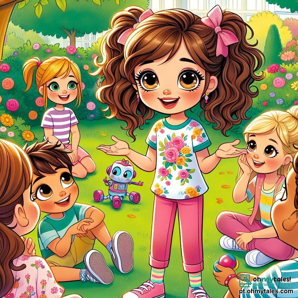 Uma menina de 10 anos, Sofia, está no centro da imagem, com grandes olhos brilhantes e um sorriso caloroso. Ela tem cabelos castanhos cacheados, presos em duas pequenas tranças, e usa uma camiseta colorida com estampas de flores e uma calça confortável. Sofia fala entusiasticamente, gesticulando com as mãos, cercada por seus amigos. À sua direita, Lucas, um menino de 9 anos com cabelos loiros bagunçados e uma camiseta listrada, ri enquanto ouve Sofia. Ele segura um pequeno brinquedo em forma de robô. À sua esquerda, Ana, uma menina de 8 anos com cabelos longos e lisos, usa um vestido rosa e está sentada no chão, cercada por suas bonecas, ouvindo atentamente Sofia com um sorriso admirado. O local é um jardim iluminado fora do hospital, cheio de flores coloridas e borboletas. Árvores verdes cercam o jardim, e o sol brilha, criando uma atmosfera alegre e reconfortante. A situação principal mostra Sofia compartilhando sua história e experiências com os amigos, explicando a importância da amizade e do apoio em momentos difíceis, enquanto as crianças estão cativadas por suas palavras, ilustrando a força da união e da esperança.