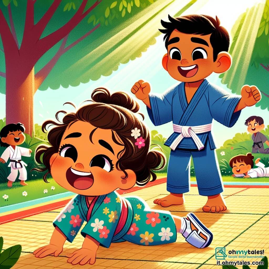Una bambina di 2 anni, Sofia, con grandi occhi brillanti e capelli ricci castano chiaro, sorride felicemente mentre cerca di fare una capriola su un tatami. Indossa un kimono colorato con motivi floreali e delle ciabatte da judo. Accanto a lei, un ragazzo di 8 anni, il campione, con i capelli corti e neri, sorride e la incoraggia. Indossa un kimono da judo blu e si tiene in posizione di dimostrazione, mostrando a Sofia come piegare le ginocchia. Lo scenario è un parco soleggiato, con alberi verdi e bambini che giocano intorno. Il tatami è posizionato sull'erba e i raggi di sole filtrano tra le foglie, creando un'atmosfera gioiosa e dinamica. La scena principale mostra Sofia che, con un grande sorriso e uno sguardo determinato, riesce finalmente a fare una capriola, circondata da bambini che applaudono e incoraggiano il suo impegno, creando un'atmosfera di amicizia e gioia.