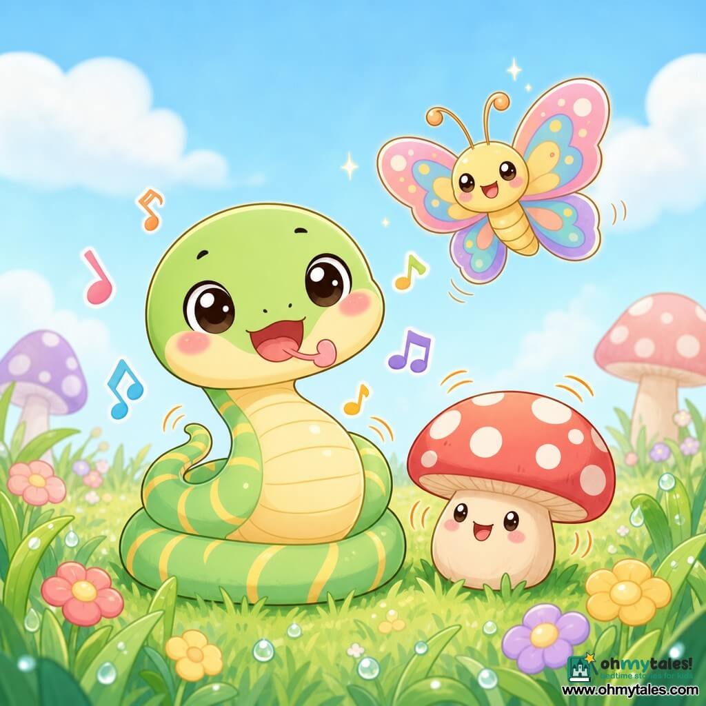 A small happy mischievous snake (explicitly a snake) with round shiny eyes, a slightly round head, pastel green body with thin yellow stripes and a pink heart-shaped tongue, curled in a joyful loop showing a slightly rounded belly that goes "bloop"; beside it a drum-shaped mushroom with a red cap and white spots, soft rounded texture, on the grass making little "boom-boom" sound waves; a smiling colorful butterfly with pastel, symmetrical, slightly sparkly wings fluttering above the snake; a meadow of noodle-like green grass with glistening dew drops, a few round flowers and large mushrooms, and a translucent jelly-like blue sky; main scene: the snake's belly plays music with small colorful musical notes floating around, joyful playful mood, centered composition, soft colors and rounded shapes.