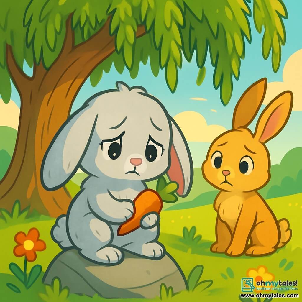 A little rabbit named Cloudy, with soft light gray fur, large floppy ears, and sparkling curious eyes, stands under an old willow tree. He has a melancholic expression, his small paws resting on a rock, sadly looking at a single carrot he holds. Nearby, his friend Pip, another rabbit with golden brown fur and bright eyes, stands with a sorrowful expression, his ears slightly drooping. He looks at Cloudy with regret, standing a bit back as if wanting to apologize. The setting is a green field bathed in golden light, with colorful flowers gently swaying in the breeze. The majestic old willow provides soft shade, while sun rays filter through the leaves, creating bright patterns on the ground. The main scene shows Cloudy, sad and disappointed, holding his carrot, while Pip in the background appears remorseful and worried, creating an atmosphere of emotional tension between the two friends.