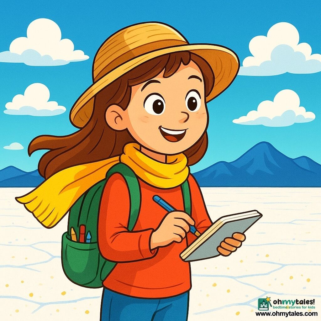 A young girl named Naya, around 10 years old, stands on a vast salt flat, her face lit up with a look of wonder. She wears a straw hat, a yellow scarf fluttering in the wind, and a backpack filled with maps and pencils. Her eyes shine with curiosity as she observes the landscape around her. In the distance, majestic blue mountains add a touch of mystery to the scene. The sky is a bright blue, dotted with fluffy white clouds. Naya is surrounded by small salt crystals sparkling like stars on the ground, creating a magical contrast with the bright white salt flat. She is taking notes in her notebook, focused and determined to discover the forgotten name of this place. The main scene shows Naya in the midst of exploration, ready to listen to the whispers of the salt flat, with a sense of adventure and discovery in the air.
