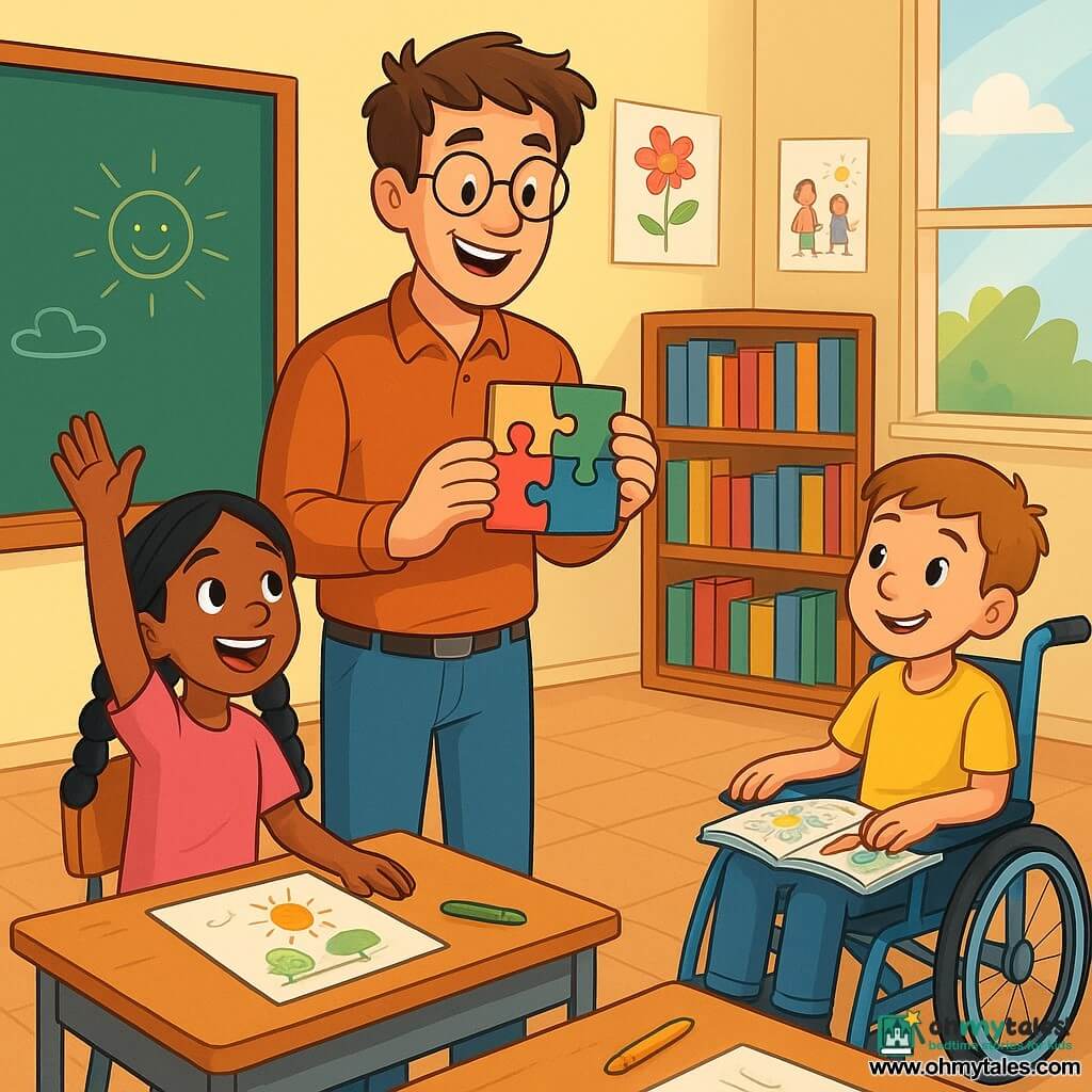 A smiling teacher in his thirties with messy brown hair and round glasses stands in the center of the classroom. He has a warm and encouraging look and holds a wooden puzzle in his hands, ready to show it to the children. Next to him, Amina, an 8-year-old girl with braided black hair, raises her hand enthusiastically, her eyes sparkling with excitement. She wears a pink t-shirt and jeans. A bit further away, Hugo, a 7-year-old boy in a wheelchair, watches attentively, smiling, with a coloring book on his lap. The classroom is bright and colorful, with walls decorated with children's drawings and shelves filled with colorful books. Crayons and sheets of paper are scattered on the wooden tables. Sunlight filters through the windows, creating a warm and welcoming atmosphere. The main scene shows the teacher explaining to the children how to assemble a puzzle while they share their ideas and drawings. The atmosphere is joyful and collaborative, filled with laughter and exchanges of ideas.