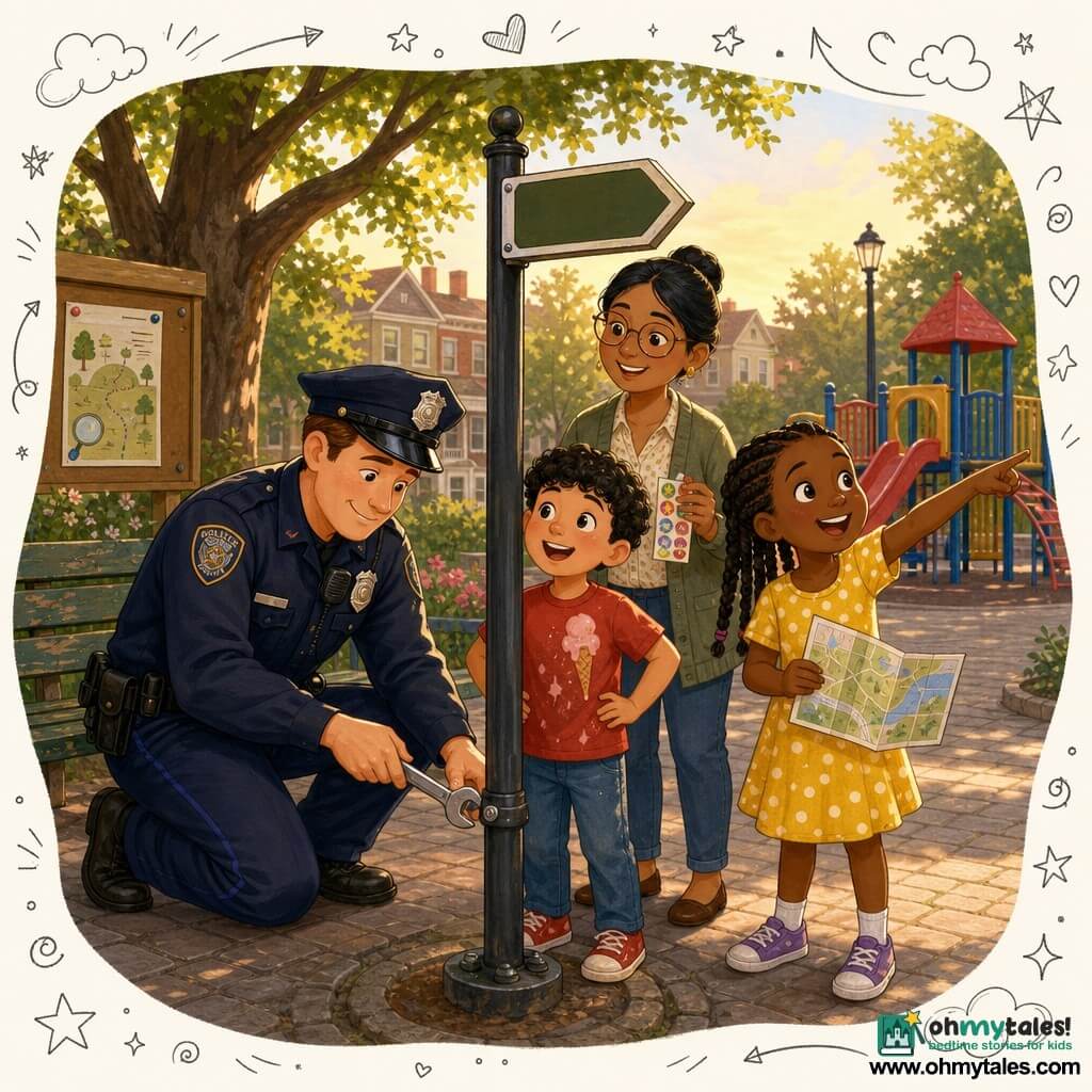 A kind, smiling police officer with fair skin, short brown hair, and a shiny navy jacket with badge and cap is kneeling and tightening a sign bolt with a small wrench; beside him stands Mateo, a ~7-year-old boy with curly black hair in a red, ice-cream-stained T-shirt, hands on hips and looking admiringly, and slightly ahead is Maria, ~8, with braided hair in a yellow polka-dot dress holding a simple map and pointing at a distant sign; Ms. Patel, a ~30-year-old teacher with brown skin and round glasses, smiles and holds a strip of small stickers behind the children; the scene is a small paved neighborhood square with a worn wooden bench, a large oak with fresh green leaves, a colorful playground in the background and a "Mini Sign Hunt" poster on a bulletin board, bathed in warm golden evening light, vivid colors, composition centered on the officer's action and the children's gazes.