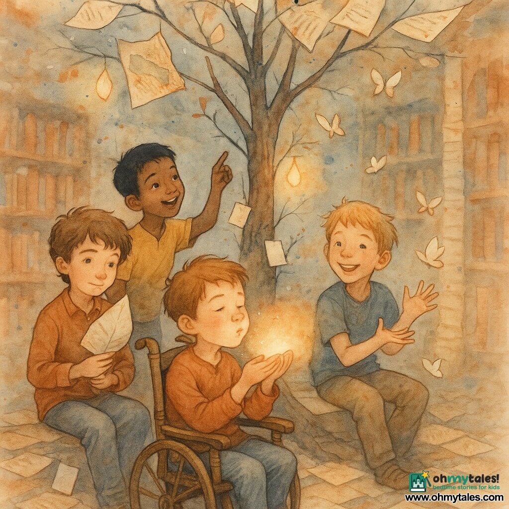 Four boys: Milo, about 10, wavy brown hair, gentle attentive face, sitting left under the tree holding a leaf-book to his chest; Aadi, about 10, olive skin, short black hair, smiling, standing slightly behind Milo on the right pointing curiously at a floating map; Ben, about 10, messy blond hair, laughing eyes, sitting right by the trunk releasing small pages that turn into butterflies; Tomas, about 10, light brown hair, in a finely carved wooden wheelchair at center front, blowing softly as a warm light rises from his breath. The setting is a floating indoor clearing with a floor of layered pages like paper tiles, a large tree whose leaves are written pages and brushlike branches, golden light filtering through paper-leaves, folded maps drifting, blurred library shelves and paper columns in the background. The main scene shows the boys gathered under the page-tree sharing a quiet, curious moment with little white cards in their pockets, glowing fruit hanging from branches, paper butterflies rising into the library sky, a soft intimate sense of wonder in a warm palette with blue-gray accents and light ink splatters.