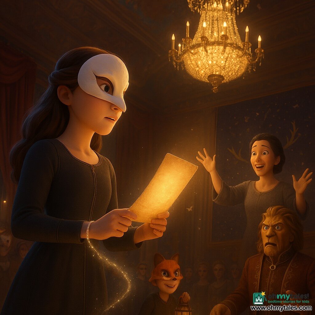 The protagonist is a ~17-year-old girl with a determined, moved expression, bright eyes, wearing a white swan mask and a dark dress with fine seams, holding a parchment map that glows gold and a thin silver band coiled around her wrist; her mother (~40) emerges relieved and surprised from a large starry tapestry, hands raised toward her; Nico (~13) with a mischievous face and fox mask stands at the foot of the dais holding a low lantern; Count Velasquez (~50) in a gilded lion mask and richly embroidered costume steps back, furious and baffled to the right; Mirelda (~60) in a simple gray dress with a visible key chain stands behind the girl, calm and solemn with a hand near the map. The setting is a grand baroque salon with high painted ceilings, red velvet curtains, a sparkling crystal chandelier, ancient tapestries (including a crowned stag), rows of masked nobles, flickering candles and pale moths drifting in the air. The central moment is the restoration of the true name: a beam of light bursts from the map and tapestry as the mother emerges in light, the silver band around the girl's wrist scintillates, moths whirl in a luminous trail, and the masked crowd looks on amazed in a charged, triumphant atmosphere.