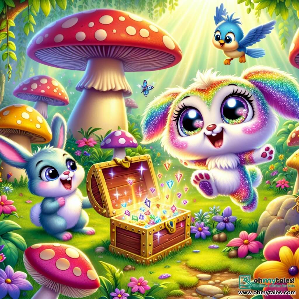 In the center of the image, Twinkle, a small magical being with shimmering rainbow-colored fur, is jumping for joy. His large sparkling eyes express contagious excitement as he discovers a colorful chest in an enchanted clearing. To his right, Lila, a little blue bird with shiny feathers, flies in circles, her wide eyes filled with curiosity as she chirps excitedly. To the left, Benny, an adorable rabbit with big ears and soft fur, crouches down, his nose twitching with excitement as he examines the chest with a surprised expression. The setting is a magical clearing filled with giant brightly colored mushrooms, dancing flowers, and a soft ray of sunlight filtering through the tree leaves. The main scene shows Twinkle and his friends discovering a mysterious chest surrounded by sparkling treasures, sharing laughter and amazed looks, ready to solve the mystery ahead.