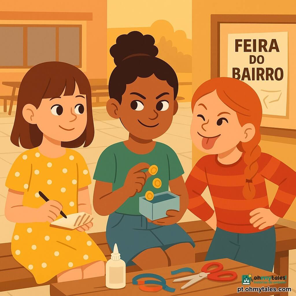 Três meninas: Lia (~9 anos) à esquerda, cabelos castanhos lisos na altura dos ombros, vestido amarelo com bolinhas brancas, segura um caderninho e um lápis; Bia (~9 anos) ao centro, cabelos negros cacheados em coque, camiseta verde e saia jeans, segura uma caixinha de artesanato com três moedas à mostra e olhar malicioso; Carol (~9 anos) à direita, cabelos ruivos em trança, suéter vermelho às riscas, faz uma careta engraçada com a mão na cintura; cenário: banco de madeira gasto em frente à cantina da escola, chão de paralelepípedos claros, mesas de piquenique ao fundo e um quadro de avisos com um cartaz “Feira do Bairro” amassado, luz suave de fim de tarde; situação: as três cochicham e planejam uma surpresa para o Dia dos Pais, rostos entusiasmados, materiais de artesanato no banco (cola branca, fitas coloridas, tesoura), atmosfera alegre e cúmplice, cores vivas e contornos nítidos.