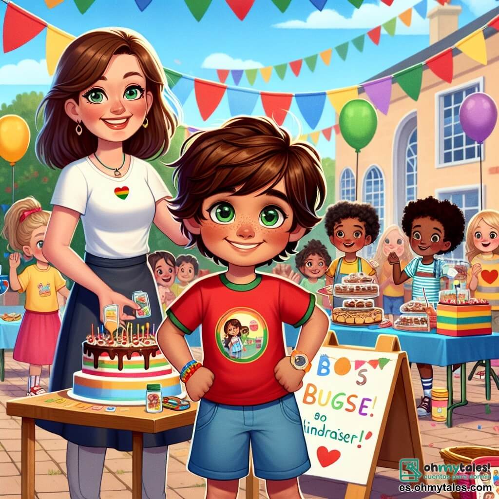 Un niño de 7 años, Lucas, con cabello castaño y ojos verdes brillantes de emoción, se encuentra en el centro de la escena. Lleva una camiseta roja y un pantalón corto azul, sonriendo con orgullo mientras sostiene un cartel colorido anunciando una colecta de fondos. A su lado, su maestra, la señorita Ana, una mujer de unos treinta años con cabello castaño y gafas, sonríe cálidamente animando a los niños a participar en la fiesta. Al fondo, niños de diferentes edades, algunos con delantales, venden pasteles y juguetes hechos a mano, mientras otros juegan a juegos coloridos. El lugar es un encantador patio escolar, decorado con globos multicolores y guirnaldas de papel, con mesas de madera llenas de delicias y juegos divertidos. La escena es animada y alegre, llena de risas y sonrisas, ilustrando el espíritu de solidaridad y apoyo de la comunidad.