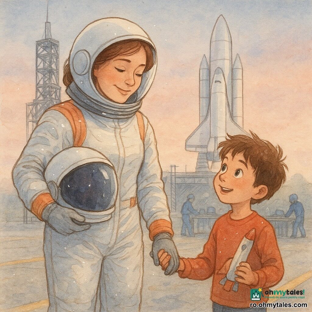 O femeie astronaut, cu chip senin și luminos, zâmbește ușor; poartă un costum spațial alb și portocaliu ușor șifonat, cască ținută sub braț, privire plină de speranță. Un băiat de 9 ani, păr brun dezordonat, îi ține mâna, uimit, ținând în cealaltă mână o mică machetă de rachetă. În fundal, doi membri ai echipei în combinezoane albastre lucrează lângă o masă cu echipamente. Locația: zonă de lansare dimineața, sol din beton texturat cu benzi galbene, o mare rachetă alb‑argintie se înalță în spate, scări, cabluri și o rampă de lansare în stânga, cer pastelat roz‑albastru. Situația: momentul rămas‑bun înainte de decolare — strângere tandră de mână, valiză de misiune pe sol, atmosferă de emoție calmă și aventură iminentă. Lumină blândă de zori, picături fine de ploaie pe costum ce reflectă puncte luminoase. Paletă aquarelă: rozuri, albastru pal, portocalii calde, contururi fine în cerneală neagră; compoziție: planuri apropiate pe chipuri și rachetă, spațiu liber în dreapta pentru titlu.