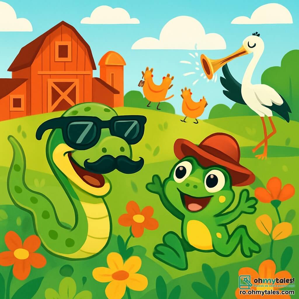 Un șarpe lung și verde, numit Șerpișor, cu ochi strălucitori și un zâmbet larg, se furișează vesel printr-un câmp de flori colorate, purtând ochelari de soare și o mustață falsă. Lângă el, o broscuță verde, Broscuța Țup, cu pete galbene, sare de bucurie, ochii ei rotunzi exprimând excitație, în timp ce poartă o pălărie roșie. În fundal, o fermă animată se ridică, cu clădiri din lemn roșu, găini dansând în jur și un cocor cântând la trompetă pe o fâneață verde. Scena arată cum Șerpișor și Broscuța Țup plănuiesc o farsă amuzantă pentru a distra animalele din fermă, cu un aer de veselie și aventură.