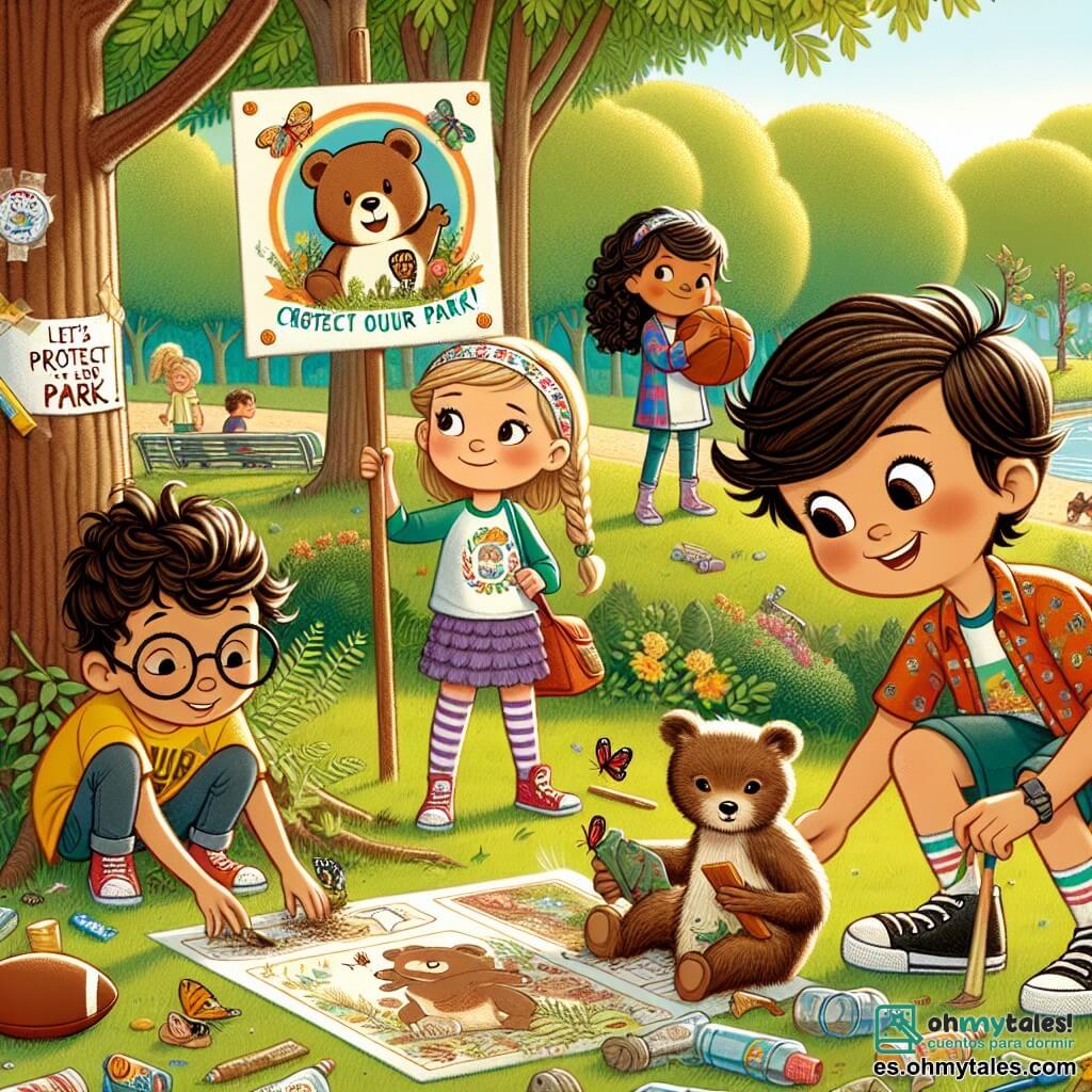 En un parque soleado, cuatro amigos de ocho años están en plena acción. Lucas, un niño de cabello castaño y gafas redondas, está agachado cerca de un árbol, recogiendo basura con una gran sonrisa. Al lado de él, Carla, una niña de cabello rubio trenzado y camiseta colorida, dibuja un gran cartel con un oso y el mensaje "¡Protejamos nuestro parque!" en una hoja de papel. Tomás, un niño de cabello negro y despeinado, está de pie sosteniendo un viejo balón de fútbol, listo para jugar después de limpiar. Finalmente, Sofía, una niña de cabello castaño rizado y una diadema floral, libera una pequeña mariposa que encontró atrapada en un desecho, con una mirada dulce y decidida. El parque está lleno de vegetación, con grandes árboles de hojas brillantes, un pequeño estanque que brilla al sol y flores coloridas que añaden vida al entorno. Aunque hay basura en el suelo, la atmósfera es alegre y llena de esperanza. Los cuatro amigos están limpiando el parque, recogiendo basura y concienciando a otros niños sobre la importancia de preservar la naturaleza, mientras se divierten y comparten risas.
