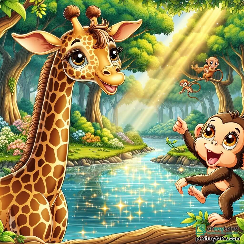 Uma majestosa girafa chamada Lina, com pelagem dourada salpicada de manchas marrons, está à beira de um magnífico rio cintilante, seus grandes olhos curiosos brilham de excitação e admiração. Ao seu lado, um pequeno macaco travesso chamado Zeca, com pelagem marrom e olhos brilhantes, balança alegremente de um galho para o outro, rindo e apontando para os reflexos na água. Ao fundo, a floresta exuberante é cheia de grandes árvores com folhas verdes brilhantes, enquanto raios de sol filtram através da folhagem, criando uma atmosfera mágica e acolhedora. Nesta cena, Lina e Zeca descobrem juntos o suave murmúrio do rio, cativados pela beleza da natureza ao seu redor.