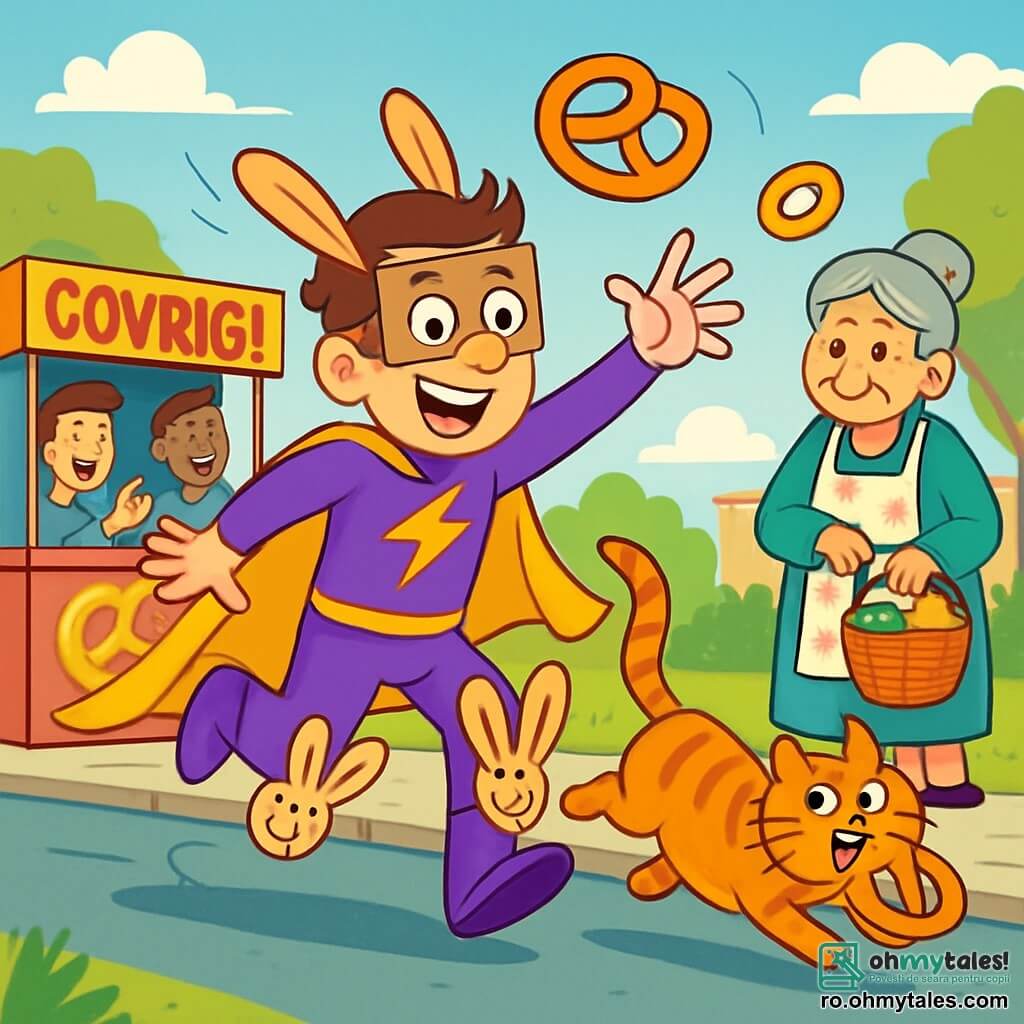 Un super-erou comic, un bărbat pe nume Emil, stă în centrul imaginii, cu un zâmbet șiret pe față. Poartă un costum de super-erou violet cu fulgere galbene, o pelerină fluturând și o mască din carton. Genunchii săi sunt împodobiți cu urechi mari de iepure, ceea ce îi dă un aer amuzant și surprinzător. Emil aleargă înapoi, cu brațele desfăcute, ca și cum ar încerca să zboare. În dreapta sa, o femeie în vârstă, Tanti Maria, de aproximativ 70 de ani, observă scena cu un zâmbet amuzat. Are părul gri aranjat în coc și poartă un sort cu flori, ținând un coș de cumpărături. Se află pe trotuar, la câțiva pași de Emil, și pare pregătită să râdă de peripețiile lui. În fundal, o gheretă colorată vinde covrigi, înconjurată de clienți curioși. Cerul este albastru cu câteva nori albi, iar copacii verzi împrejmuiesc strada animată. Situația principală îl arată pe Emil alergând după o pisică tigrată care a furat covrigi, în timp ce clienții râd și aplaudă în jurul lor. Covrigii zboară prin aer, adăugând o notă de magie și nebunie scenei.