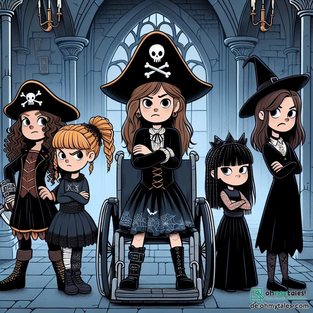 In einer alten, spukenden Villa stehen vier Freundinnen zusammen, bereit für das Halloween-Abenteuer. Mia, 10 Jahre alt mit lockigem braunem Haar, trägt ein Piratenkostüm mit einem Federhut und einem Plastikschwert. Lena, 9 Jahre alt mit geflochtenem blondem Haar, ist als Vampirin verkleidet mit einem schwarzen Umhang und spitzen Zähnen. Sara, 10 Jahre alt mit glattem kastanienbraunem Haar, ist als Hexe mit einem spitzen Hut und einem schwarzen Kleid mit Spinnweben gekleidet. Emma, 11 Jahre alt im Rollstuhl, trägt ein glitzerndes Zauberinnenkostüm mit einem großen, sternenbesetzten Hut und einem Zauberstab. Die Villa ist riesig, mit grauen Steinmauern, zerbrochenen Fenstern und einem von Dornen überwucherten Garten. Die vier Freundinnen entdecken einen alten, dunklen Flur, wo ein kleiner, freundlicher Geist namens Winky sie in einen Raum mit magischen Süßigkeiten führt, während ein leichter Wind die staubigen Vorhänge zum Flattern bringt.
