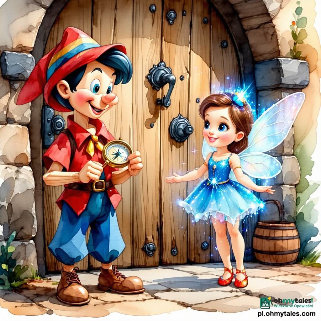 Pinokio, drewniana marionetka z ciekawym uśmiechem i iskrzącymi oczami, stoi przed dużymi drewnianymi drzwiami ozdobionymi tajemniczymi rzeźbieniami. Ma na sobie czerwoną koszulę i niebieskie spodnie, a w ręku trzyma mały błyszczący kompas. Obok niego unosi się Błękitna Wróżka, świetlista wróżka z przezroczystymi skrzydłami i błyszczącą niebieską suknią. Ma życzliwą twarz i patrzy na Pinokia zachęcającym wzrokiem. Znajdują się w zaczarowanym ogrodzie, gdzie kwiaty mają płatki w kształcie liter, a drzewa zdają się szeptać stare opowieści. Światło słoneczne przesącza się przez liście, tworząc tańczące wzory na ziemi. Główna scena ukazuje Pinokia wyciągającego rękę w stronę drzwi, gotowego odkryć magiczny świat, który się za nimi kryje, podczas gdy wróżka towarzyszy mu w tej przygodzie pełnej obietnic.