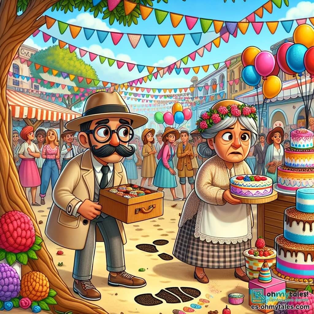 Un hombre, Léon, es un detective privado con un gran bigote negro y gafas redondas. Lleva un trench-coat beige y un sombrero de detective. Su rostro expresa curiosidad y preocupación mientras examina una huella en el suelo. A su lado, la señora Margarita, una mujer de unos 50 años, tiene el cabello gris recogido en un moño y lleva un delantal de flores. Mira a su alrededor con una expresión de sorpresa, sosteniendo una caja de pasteles en sus manos. El lugar es una plaza animada de la ciudad de Colorete, decorada con guirnaldas coloridas y globos flotantes. En el centro, un gran árbol da sombra al festival, mientras que un pequeño quiosco de pasteles se encuentra a un lado, con pasteles de todos los colores. La situación principal muestra a Léon examinando el suelo, mientras que la señora Margarita parece perdida y preocupada, rodeada de gente que se pregunta sobre su desaparición.