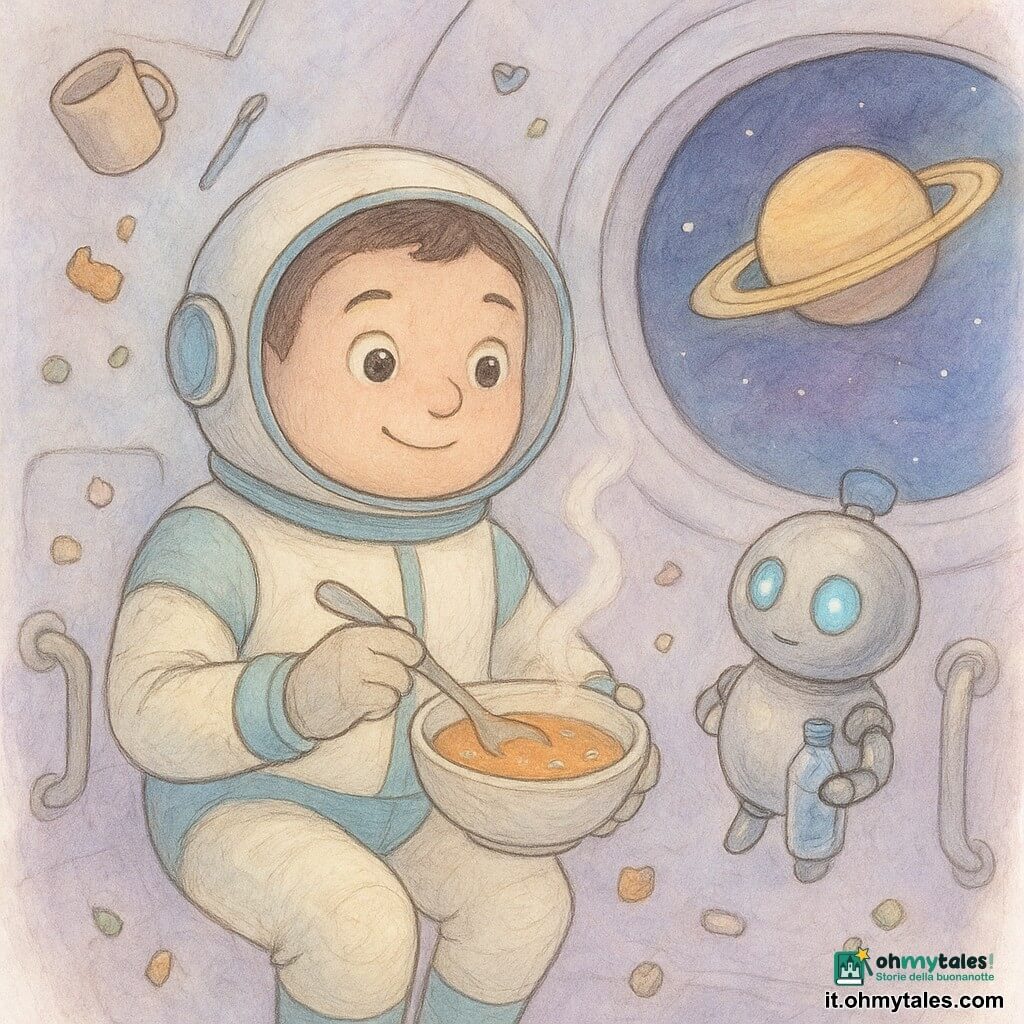 Un uomo, Elio, dal viso rotondo e gli occhi lucenti come piccole lune, sorriso sereno, indossa una tuta spaziale crema brillante con inserti turchesi; fluttua semi-seduto mescolando delicatamente una piccola ciotola di zuppa con un cucchiaio magnetico. Accanto a lui, a destra, un piccolo robot compagno rotondeggiante, metallo lucido e occhi azzurri, tiene una bottiglia d'acqua e osserva curioso. L'interno della stazione spaziale è circolare con pareti madreperlate, maniglie metalliche e oggetti leggeri che galleggiano (tazza, penna, verdure disidratate); una grande finestra ovale mostra Saturno con i suoi anelli dorati. La cucina in microgravità presenta pezzi di verdura che fluttuano come bolle, una leggera vaporosità e una luce dolce lilas e azzurra che crea un'atmosfera calma e accogliente.