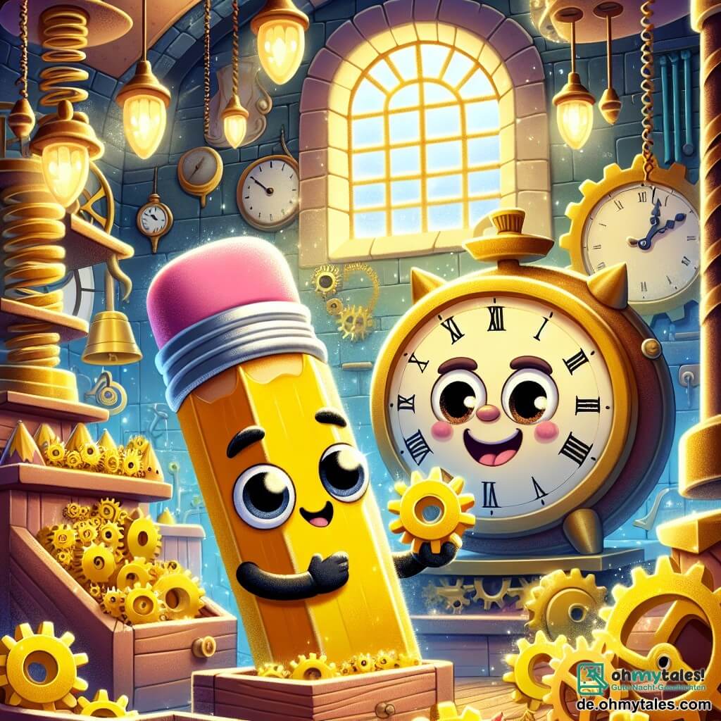 Freddie, ein kleiner anthropomorpher Bleistift mit einem schelmischen Lächeln und funkelnden Augen, steht im Zentrum des Bildes und hält ein kleines goldenes Zahnrad in seinen kleinen Händen. Er trägt einen rosa Radiergummi in Form eines Huts auf dem Kopf und hat einen leuchtend gelben Körper, der vor Aufregung und Entschlossenheit strahlt. Rechts von ihm steht eine große alte Uhr mit weisen Augen und einem freundlichen Gesicht, die wohlwollend lächelt, während ihre Zeiger sich bewegen und zeigen, dass sie wieder läuft. Im Hintergrund ist eine weitläufige Uhrmacherwerkstatt zu sehen, gefüllt mit glänzenden Zahnrädern, funkelnden Federn und großen Uhren an den Wänden, die eine magische und geheimnisvolle Atmosphäre schaffen. Sonnenlicht strömt durch ein staubiges Fenster und taucht die Szene in einen sanften goldenen Schein. Die Hauptsituation zeigt Freddie, der triumphierend das Zahnrad an seinen Platz im Uhrwerk zurücksetzt, während um ihn herum Funken der Freude sprühen, die die Wiederbelebung der Stadt symbolisieren.