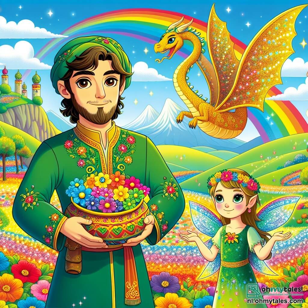Een man genaamd Jan, ongeveer 30 jaar oud, met bruin haar en nieuwsgierige ogen, staat op de top van de prachtige Regenboogberg. Hij draagt een groene tuniek versierd met bloemenpatronen en heeft een verwonderde glimlach, terwijl hij een grote pot met heldere kleuren in zijn handen houdt. Naast hem vliegt een kleine fee genaamd Lila, ongeveer 10 jaar oud, met glinsterende vleugels en een jurk van bloemblaadjes, vrolijk om hem heen, met stralende ogen van dankbaarheid. Op de achtergrond staat een grote vriendelijke draak met gouden schubben majestueus, terwijl hij de scène met een welwillende glimlach observeert. Het landschap is betoverend, met groene heuvels, kleurrijke bloemen die dansen in de wind, en een blauwe lucht vol pluizige wolken. De hoofdscène toont Jan, Lila en de draak die de terugkeer van de kleuren in het koninkrijk vieren, omringd door stralende bloemen en blije dieren die om hen heen dansen.