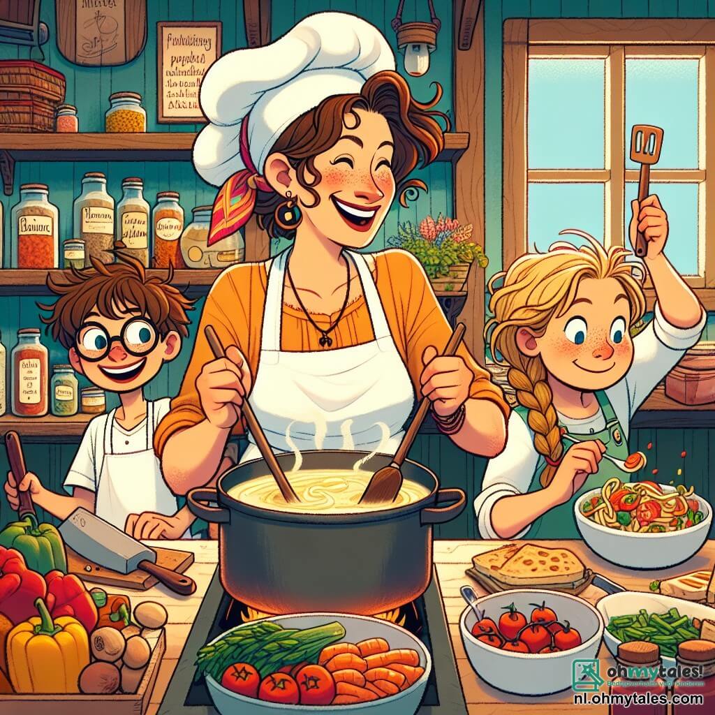 Chef Lotte, een energieke vrouw van dertig jaar, draagt een grote witte schort en een kleurrijke sjaal in haar haar. Ze mengt ingrediënten in een grote pan op het vuur, met glinsterende ogen vol vreugde en passie voor koken. Naast haar staat Tom, een negenjarig jongetje met rommelig bruin haar en ronde bril, die aandachtig kijkt en een houten spatel vasthoudt. Hij is gefascineerd door het kookproces en glimlacht verwonderd. Zijn zevenjarige zus Emma, met gevlochten blond haar, snijdt groenten met een klein mes en heeft een vastberaden blik. De scène speelt zich af in bistro "De Smakelijke Hoek", een warme plek met houten muren, planken vol kleurrijke specerijpotten en ramen die zonlicht binnenlaten, wat een gezellige en blije sfeer creëert. In deze illustratie bereiden Lotte, Tom en Emma samen een pasta primavera, omringd door verse en kleurrijke ingrediënten, wat de magie van koken en het plezier van samen zijn illustreert.
