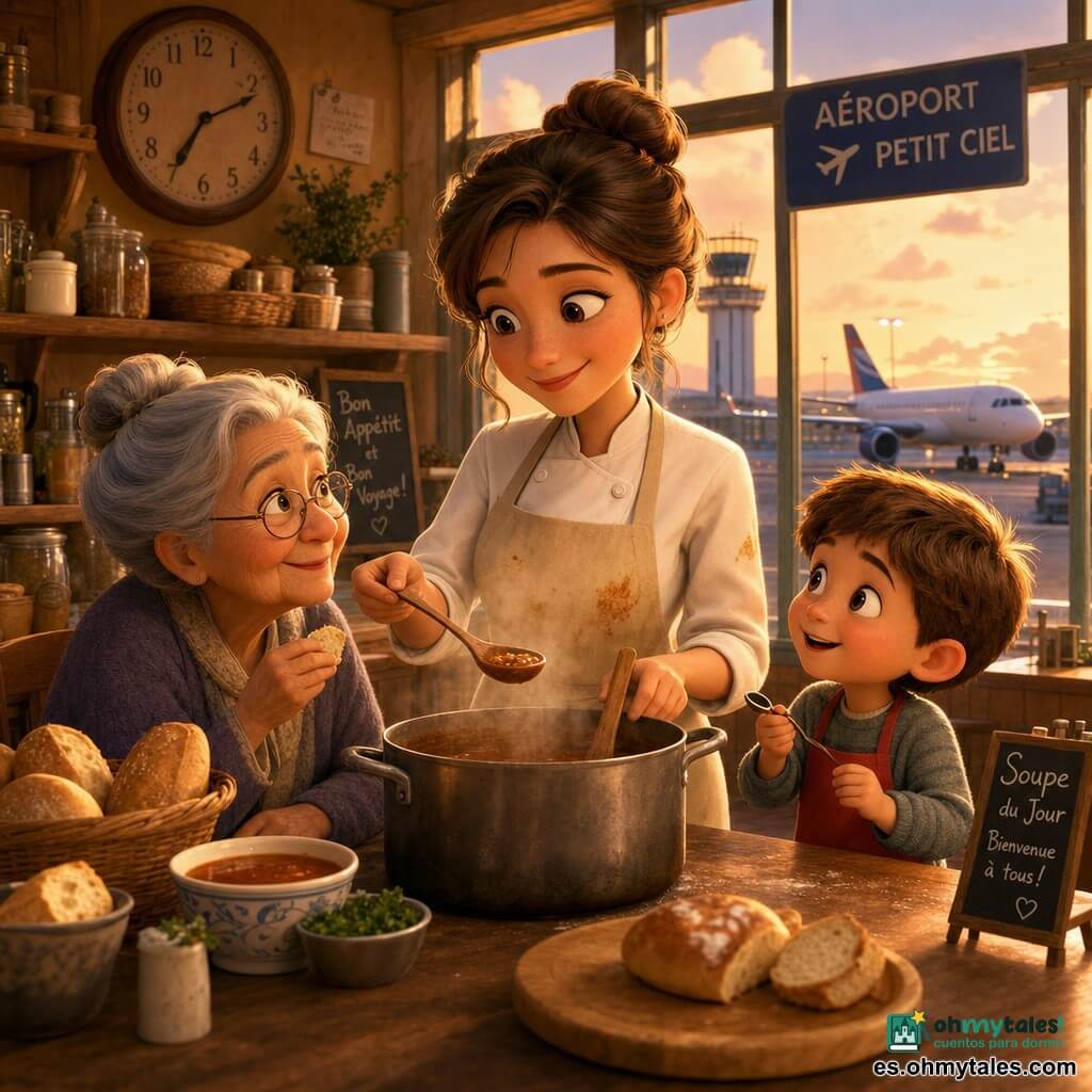 La cocinera es una mujer joven, sonriente y serena, ojos brillantes, pelo castaño recogido en un moño, delantal crema con manchas de harina; remueve una gran cacerola de salsa marrón con una cuchara grande de madera, gestos suaves y lentos. A su derecha, un niño de unos 6 años, pelo corto castaño, lleva un pequeño delantal rojo, sostiene una mini cuchara y mira la cacerola maravillado. A la izquierda, sentada en un taburete, una anciana de unos 70 años, cabello gris en moño y gafas redondas, sostiene un trozo de pan y sonríe. La escena ocurre en una pequeña cocina luminosa en un aeropuerto, con azulejos cálidos, grandes ventanales que muestran una pista con un avión encendido, estanterías de madera con frascos y cestas de pan y un gran reloj de pared; luz dorada de atardecer y vapor de la cocción visible. La cocinera comparte una cuchara de salsa con los viajeros; ambiente cálido y cercano, humo suave ascendiendo de la cacerola, rostros reunidos alrededor de una gran mesa, decoración colorida y infantil, texturas suaves y formas redondeadas.
