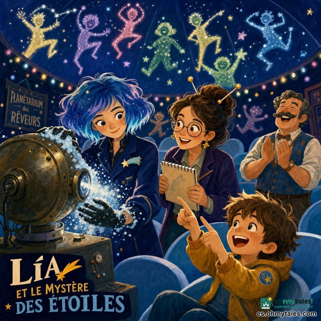 Lía, heroína de rostro suave y decidido, sonrisa tímida, cabello eléctrico estilo "pomelo" con reflejos azules, chaqueta azul noche y broche en forma de cometa, manos enguantadas cubiertas de espuma brillante mientras toca un gran proyector redondo en una pose serena; Nora, mujer de unos 35 años con moño tipo antena y gafas redondas, expresa entusiasmo y calma junto al proyector con un bloc de notas; un niño de 8 años, castaño y risueño, en primera fila señala al techo formando una constelación con las manos; un hombre de unos 50, bigotudo y jovial, aplaude detrás; interior del planetario con cúpula azul profunda, butacas claras, un viejo proyector metálico que lanza espuma brillante y luces que proyectan estrellas coloreadas; situación: las estrellas imitan las formas del público y Lía convierte la broma ruidosa en una constelación colectiva, suave y espumosa, ambiente cómico y cálido, colores saturados y texturas de gouache.