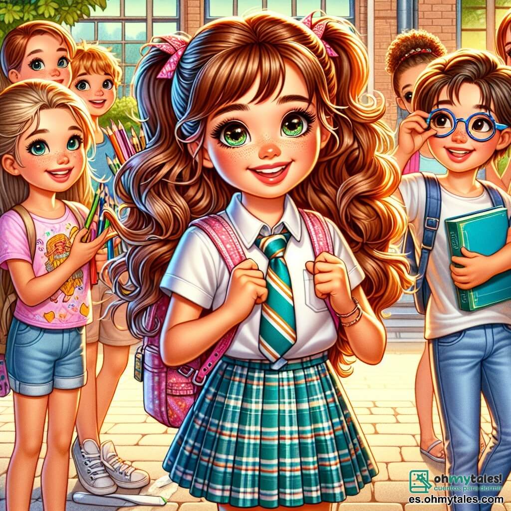 Mara, una niña de 11 años, está en medio de un patio escolar animado, con cabello castaño rizado y ojos llenos de curiosidad. Lleva un uniforme escolar con una falda a cuadros y una blusa blanca, y su sonrisa radiante muestra su emoción por el nuevo año escolar. Sostiene una gran caja de lápices de colores, lista para compartir con sus nuevos amigos. A su lado, Lucía, otra niña de 11 años con cabello largo y liso recogido en una cola de caballo, lleva una camiseta colorida y jeans, y mira a Mara con una gran sonrisa, sosteniendo una cámara lista para capturar el momento. Más lejos, Diego, un niño de 11 años con cabello corto y gafas redondas, observa la escena con timidez, sosteniendo un libro en sus manos. La escena transcurre en un patio escolar soleado, rodeado de árboles de hojas verdes vibrantes y bancos coloridos donde otros niños juegan y ríen. La situación principal muestra a Mara, Lucía y Diego conociéndose por primera vez, intercambiando sonrisas y risas, simbolizando el inicio de una hermosa amistad y la emoción de un nuevo año escolar lleno de aventuras.