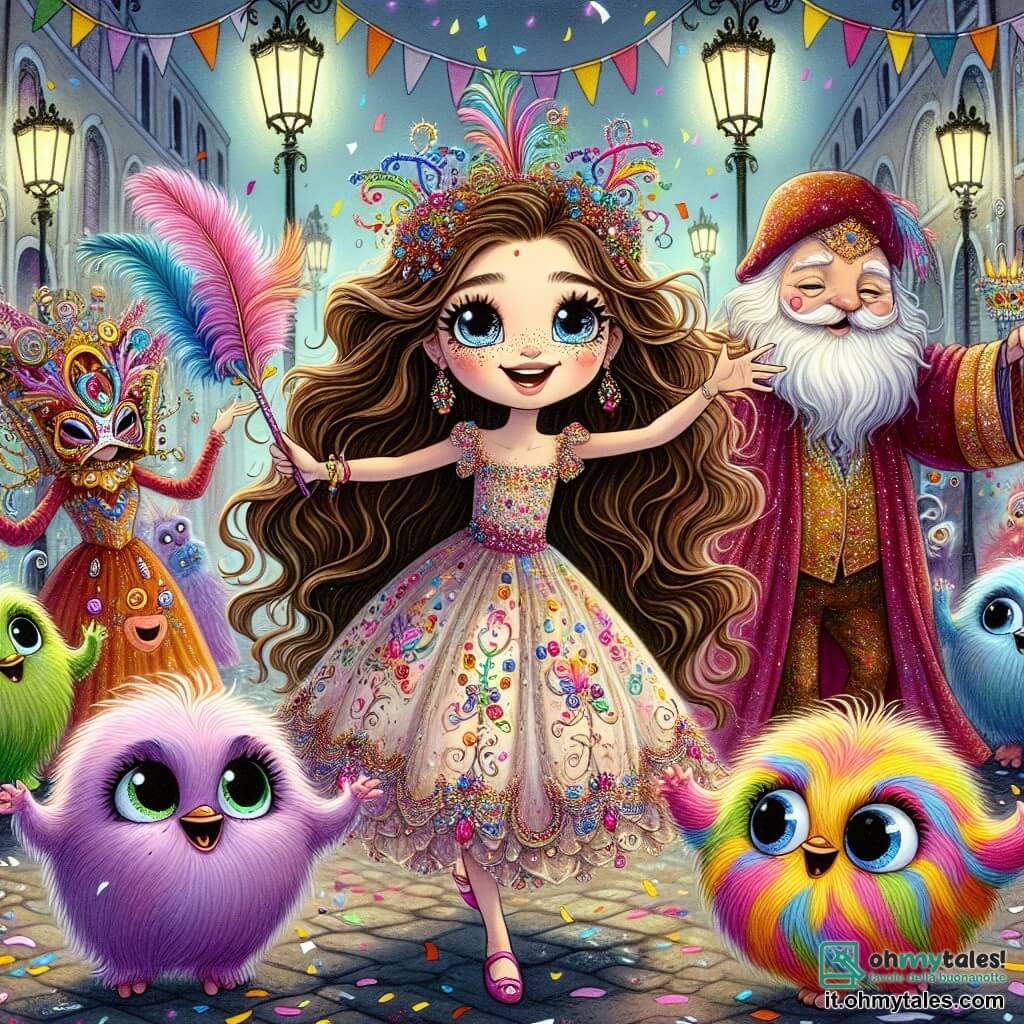 Una ragazza di 12 anni, Sofia, con lunghi capelli castani ondulati, indossa un magnifico abito colorato decorato con paillettes e piume. Ha occhi brillanti di curiosità e un ampio sorriso mentre balla gioiosamente in mezzo a una folla di creature fantastiche. Accanto a lei, Pip, una piccola creatura pelosa e colorata, cambia tonalità a seconda del suo umore, saltellando con entusiasmo e ridendo. Più lontano, Arlecchino, un uomo anziano con una lunga barba bianca e un costume scintillante, osserva la scena con un sorriso benevolo, tenendo una grande piuma in mano. Il contesto è una piazza vibrante e animata, piena di lanterne luminose, maschere colorate appese agli alberi e bancarelle di dolci. I coriandoli volano nell'aria, creando un'atmosfera festosa e magica. La scena principale mostra Sofia al centro di un carnevale segreto, circondata da creature meravigliose, mentre balla e celebra la gioia dell'amicizia e della creatività, mentre la musica risuona attorno a lei.
