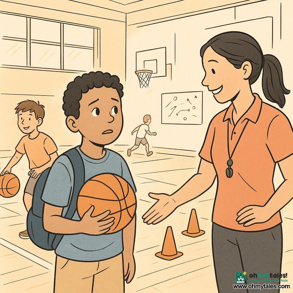 A nervous but curious 10-year-old boy with a round face, short curly hair, a simple t-shirt and a backpack slipping off one shoulder holds a basketball to his chest and hesitates at the entrance of a school gym while Coach Rina (about 30–35), smiling with a ponytail, encourages him with an outstretched hand near orange cones; another boy, Leo (about 10), laughs and awkwardly dribbles to the left, children move around, sunlight filters through large windows onto the varnished wooden floor with white lines, a high basketball hoop, aligned orange cones and a whiteboard with footwork diagrams, creating a calm, encouraging learning atmosphere.