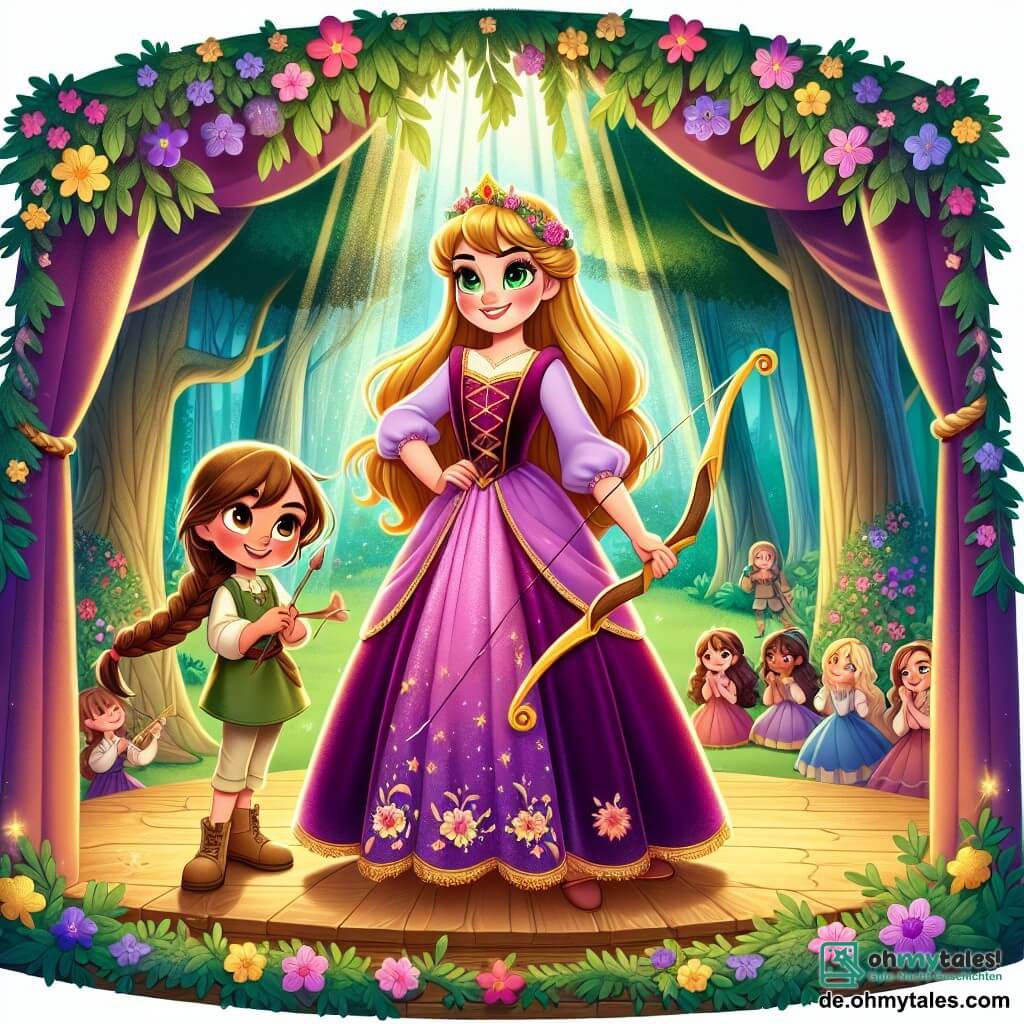 Die schlafende Schönheit, eine junge Prinzessin mit langen goldenen Haaren und funkelnden Augen voller Entschlossenheit, steht stolz auf einer mit bunten Blumen geschmückten Holztribüne. Sie trägt ein lila Samtkleid, das mit floralen Mustern bestickt ist, und lächelt strahlend, voller Begeisterung und Mut. An ihrer Seite steht Clara, ein etwa 10-jähriges Mädchen mit braunen geflochtenen Haaren und neugierigen Augen, das seinen Holzbogen anpasst, bereit, am Bogenschießwettbewerb teilzunehmen. Sie trägt eine grüne Tunika und eine Stoffhose, steht etwas im Hintergrund, aber voller Energie. Im Hintergrund entfaltet sich der zauberhafte Zauberwald mit majestätischen Bäumen, deren Blätter leuchtend grün sind, bunten Wildblumen und Sonnenstrahlen, die durch die Äste filtern und eine magische, einladende Atmosphäre schaffen. Die Hauptsituation zeigt Aurora und Clara, umgeben von anderen Kindern, die sich darauf vorbereiten, das Turnier zu beginnen, mit Lachen und Aufregung in der Luft, was einen Neuanfang für die Mädchen des Dorfes symbolisiert, die es wagen zu träumen und für ihre Leidenschaften zu kämpfen.