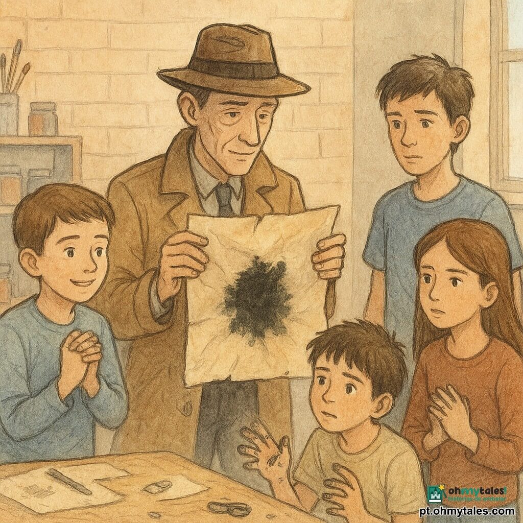Um detetive de meia-idade, esguio, rosto com rugas suaves e olhar concentrado e benevolente, veste sobretudo castanho-claro e chapéu fedora, segura delicadamente um grande cartaz amassado com uma mancha preta; à sua esquerda, Miguel, 12 anos, cabelo curto castanho, expressão aliviada e curiosa, mãos juntas; à direita, Inês, 12 anos, cabelo longo castanho, olhar atento e sério, segura uma pequena lanterna acesa; ligeiramente recuado, Tiago, 16 anos, com ar culpado, t-shirt desbotada e mãos nos bolsos, perto de uma mesa com ferramentas; Tomás, 13 anos, dedos manchados de tinta preta, observa o cartaz envergonhado; cenário: sala de aula transformada em oficina, parede de tijolos claros, prateleiras com tintas e pincéis, mesa de madeira coberta de papel e janela com luz suave da manhã; situação: devolução do cartaz encontrado, ambiente calmo e reparador, grupo reparando o painel com fita e colagem, respingos de tinta e papeis no chão, emoções visíveis de alívio, remorso e solidariedade; paleta em tons quentes e suaves (ocre, castanho, azul-pálido) com toques de preto; estilo: traço fino a lápis e aquarela suave, composição centrada no detetive e no cartaz.