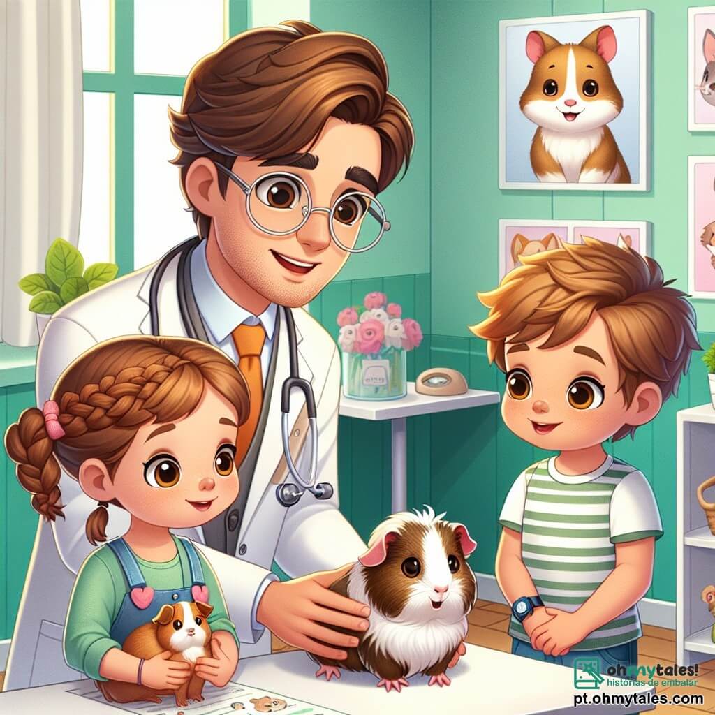 No centro da imagem, o Dr. Lucas, um homem jovem de cerca de trinta anos, com cabelos castanhos e óculos redondos, exibe um sorriso caloroso e benevolente. Ele usa um jaleco branco de veterinário, um estetoscópio ao redor do pescoço e está examinando um porquinho-da-índia fofo em uma mesa de consulta. À sua direita, Pedro, um garoto de 8 anos com cabelos loiros bagunçados e olhos brilhantes de curiosidade, observa com admiração o Dr. Lucas, segurando seu porquinho-da-índia nos braços. À sua esquerda, Ana, uma menina de 7 anos com cabelos castanhos trançados, observa atentamente, com as mãos na cintura, ansiosa para aprender. A cena acontece em uma clínica veterinária iluminada e acolhedora, com paredes pintadas de verde pastel, cartazes de animais sorridentes pendurados e brinquedos para animais espalhados pelo chão. Uma janela deixa entrar a luz do sol, iluminando o espaço. A situação principal mostra o Dr. Lucas explicando às crianças como cuidar dos animais, enquanto o porquinho-da-índia, curioso, explora a mesa, adicionando uma pitada de vida e alegria à ilustração.