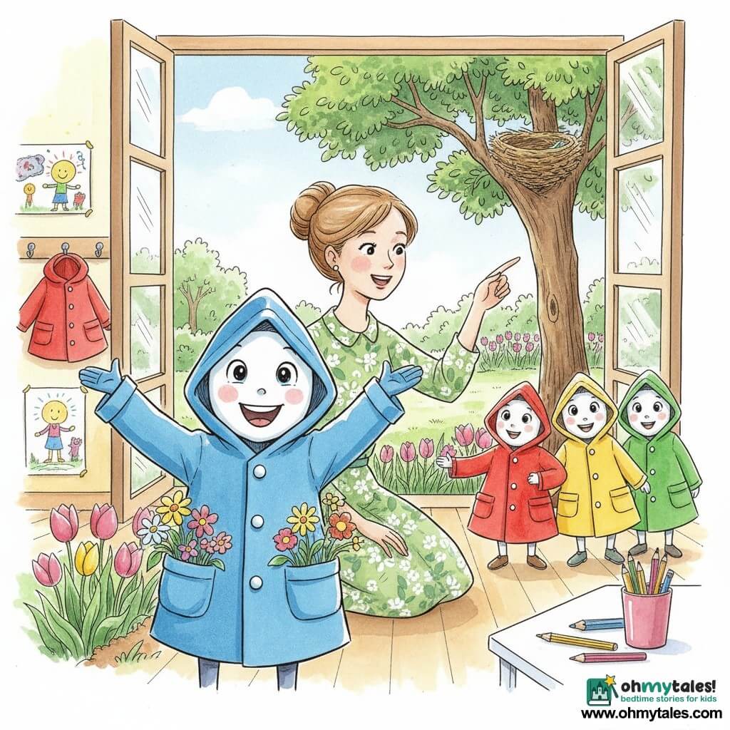 The main character is a small bright-blue anthropomorphic raincoat, smiling and amazed, with white round buttons and pockets full of flowers, standing center and raising a sleeve to show a flower in the sunlight; Miss Flora, a human teacher with light-brown hair in a bun wearing a green floral dress, kneels behind and points at a nest in a large tree; other small colorful raincoats (red, yellow, green) watch curiously from hooks or follow in line; the sunlit classroom opens onto a garden with open windows, children's murals, pencil pots, a green lawn and beds of pink and yellow tulips; the scene evokes a joyful spring nature outing in soft ink and watercolor-wash textures.