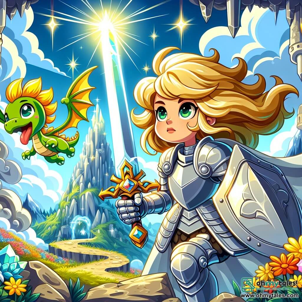 In the foreground, Seraphina, a valiant young woman of about 20, stands proudly in shimmering silver armor that sparkles in the sunlight. Her determined face, with courageous bright eyes and flowing golden hair, exudes confidence as she wields a glowing sword, ready to defend her kingdom. Beside her, Sparky, a small green dragon with emerald eyes, joyfully flies around her, his translucent wings sparkling like gems, playfully releasing small sparks of fire. In the background, the scene unfolds atop a majestic mountain surrounded by fluffy white clouds. The bright blue sky and intense sunlight illuminate the landscape, where colorful flowers bloom on the slopes and a rocky path leads to a mysterious cave, glowing with the light of the Crystal of Light inside. The main situation depicts Seraphina and Sparky preparing to confront the evil sorcerer Malakar, who emerges from the cave's shadows, ready to cast a spell. The atmosphere is charged with energy, with magic sparks in the air, as Seraphina stands firm, ready to defend her kingdom.