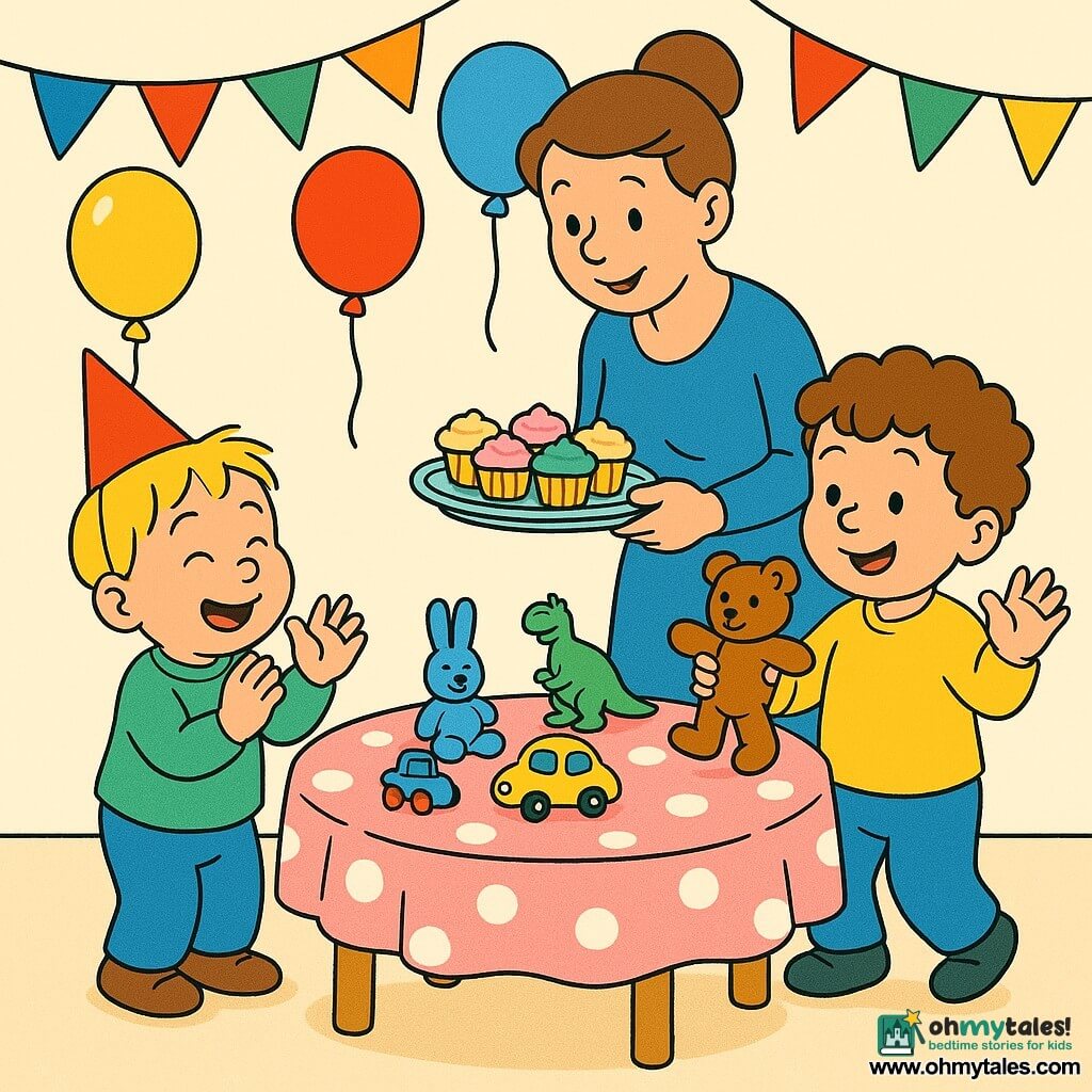 Three characters: Sunny, a blond 4-year-old boy with round cheeks and a shiny red hat standing left of the table laughing and clapping; Max, a curly brown-haired 4-year-old boy on the right offering a small teddy and waving; their mother, about 30, hair in a bun, gentle face, standing behind the table holding a tray of colorful cupcakes and leaning toward the children. Setting: a small cheerful room with cream walls, multicolored garlands, red, blue and yellow balloons, and a light wooden round table with a pink polka-dot cloth and toys on it. Main scene: a simple, lively birthday moment—both boys smiling and moving around the table while the mother brings pastel-frosted cupcakes; soft light, saturated colors, clear lines and rounded shapes, warm welcoming atmosphere.