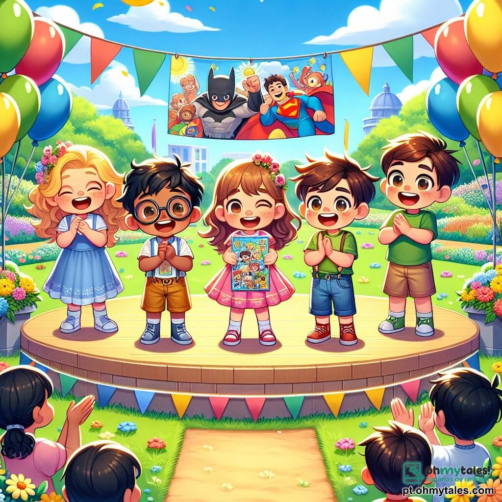Em um parque ensolarado, Lucas, um menino de 6 anos com cabelos castanhos e óculos, está no centro, sorrindo com grande energia. À sua direita, Ana, uma menina de cabelos loiros e cacheados, usa um vestido rosa e aplaude alegremente. À sua esquerda, Pedro, um menino com cabelos castanhos e sardas, segura um cartaz colorido com desenhos de super-heróis. Um pouco atrás, Clara, uma menina com cabelos negros e lisos, segura a mão de Tiago, um menino de cabelos curtos e castanhos, que usa uma camiseta verde. Todos estão reunidos em um palco decorado com balões coloridos. O parque está cheio de flores vibrantes, árvores majestosas e risadas de crianças. O céu é azul com algumas nuvens brancas, e famílias se reúnem ao redor para ouvir as crianças. A cena principal mostra Lucas e seus amigos no palco, compartilhando suas histórias e experiências com coragem e entusiasmo, enquanto o público os escuta com admiração e apoio.