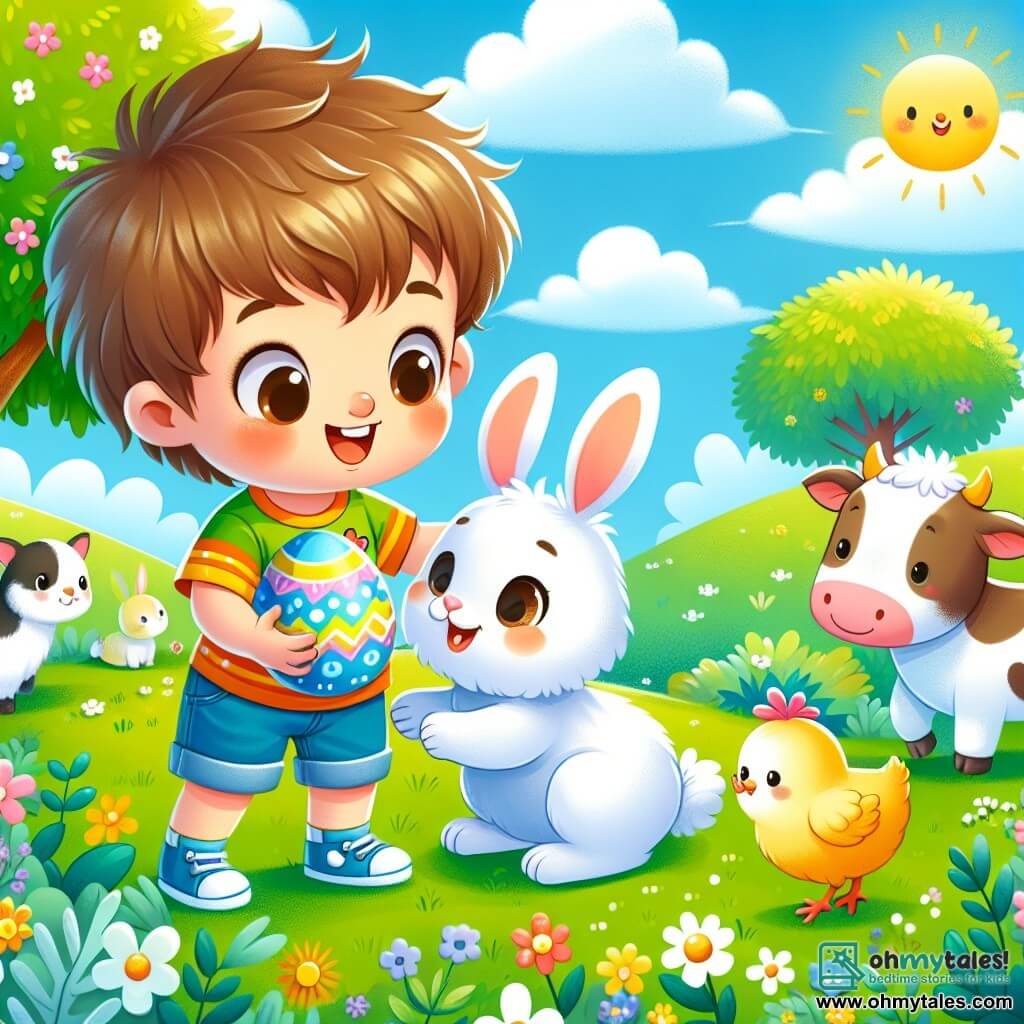 A 2-year-old boy with messy brown hair and sparkling eyes stands in the center of the image. He wears a colorful t-shirt with rabbit patterns and denim shorts, smiling widely as he holds a large shiny Easter egg in his small hands. Next to him is an adorable white bunny with big ears and soft fur, looking at the boy with curiosity, its round eyes filled with excitement. A friendly brown and white cow stands peacefully in the field, while a tiny, cute yellow chick pecks at the green grass at its feet. The scene takes place in a green field dotted with colorful flowers under a bright blue sky, with a large tree providing shade. In the distance, gentle hills and a radiant sun illuminate the whole scene. The boy, the bunny, the cow, and the chick joyfully gather around the Easter egg, ready to share a delicious chocolate surprise, their faces glowing with happiness and friendship.