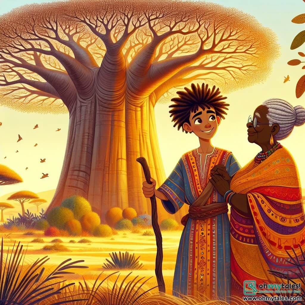 Jabari, an 18-year-old African man, stands under a majestic baobab tree, his face lit up with a curious and amazed smile. He has warm brown skin, curly hair, and sparkling eyes that reflect his adventurous spirit. He wears a colorful tunic adorned with traditional patterns and holds a carved wooden staff, symbolizing his journey. Next to him, a wise old woman, around 70 years old, stands respectfully. She has braided gray hair and wears a vibrant earth-toned dress, her hands resting on her belly, reflecting her wisdom and connection to nature. The setting is a golden savannah landscape, bathed in the warm light of sunset, with gently swaying grasses and colorful birds flying overhead. The baobab stands tall at the center, its branches extending like welcoming arms. The main scene shows Jabari attentively listening to the old woman as she shares ancient stories and life lessons, symbolizing the transfer of wisdom from one generation to another in a moment of deep connection and cultural sharing.