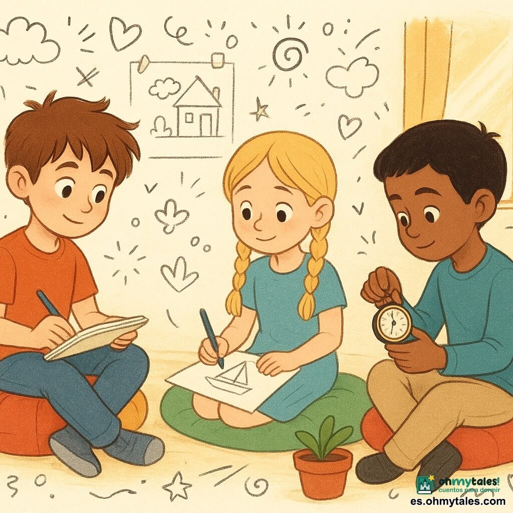 Un niño de 10 años, Tomás, con cabello castaño despeinado y ojos curiosos, está sentado en un cojín colorido, sosteniendo un lápiz y un cuaderno de dibujo. Tiene una expresión concentrada y serena. A su lado, una niña de 10 años, Mara, con trenzas rubias y una sonrisa tímida, está dibujando un barco en una hoja de papel. Un niño de 11 años, Karim, con cabello negro y corto, está sentado frente a ellos, ajustando las agujas de un viejo reloj con atención. La escena tiene lugar en un rincón del aula, decorado con cojines multicolores, una pequeña planta verde en maceta en el centro, y carteles de dibujos infantiles colgados en las paredes. La atmósfera es pacífica y creativa, con rayos de sol atravesando la ventana, iluminando suavemente el espacio.