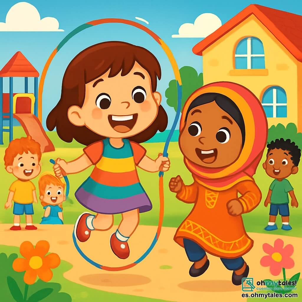 Una niña de 6 años, Marina, con cabello castaño y ojos brillantes, lleva un vestido colorido y una gran sonrisa alegre. Está saltando la cuerda, rodeada de sus amigos, expresando una gran alegría y energía contagiosa. Junto a ella, Samira, una niña de 6 años con cabello negro y ojos brillantes, lleva una bonita vestimenta tradicional con un colorido pañuelo. Sonríe y trata de saltar la cuerda con entusiasmo. Al fondo, el patio de la escuela está lleno de juegos coloridos, flores brillantes y risas de niños. La escena principal muestra a Marina y Samira jugando juntas, ilustrando la amistad y la tolerancia, mientras que otros niños las miran con curiosidad y admiración.
