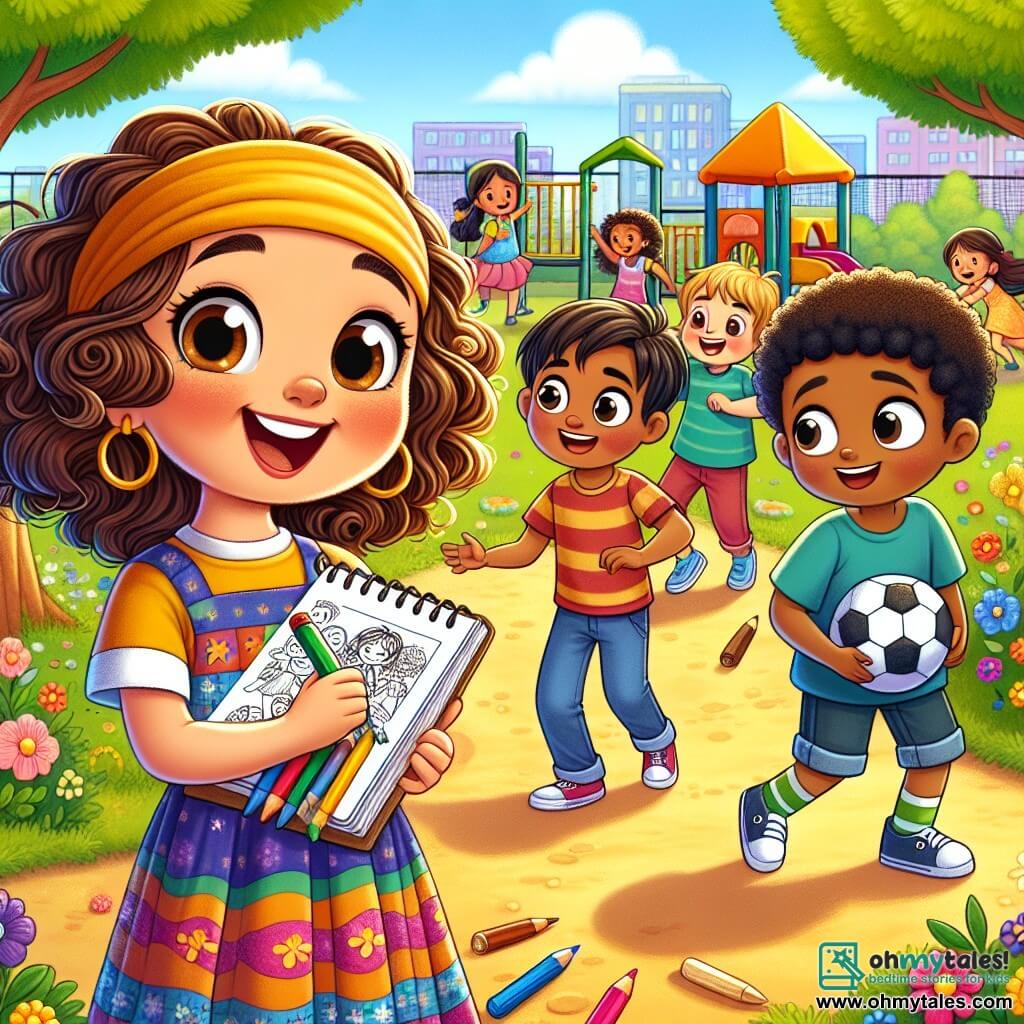 A 9-year-old girl, Mia, with curly hair and a colorful dress, smiles joyfully while holding a pencil and a sketchbook. Her eyes sparkle with enthusiasm as she encourages a group of children to play together. Next to her, Amir, a 10-year-old boy with dark skin and short hair, watches with a shy smile. He wears a blue t-shirt and jeans, holding a soccer ball, ready to join the game. The setting is a sunny park filled with lush trees, colorful flowers, and a lively playground where other children are laughing and playing. The scene shows Mia, with her contagious energy, urging the children to include Amir in their game, illustrating the importance of inclusion and friendship beyond cultural differences.