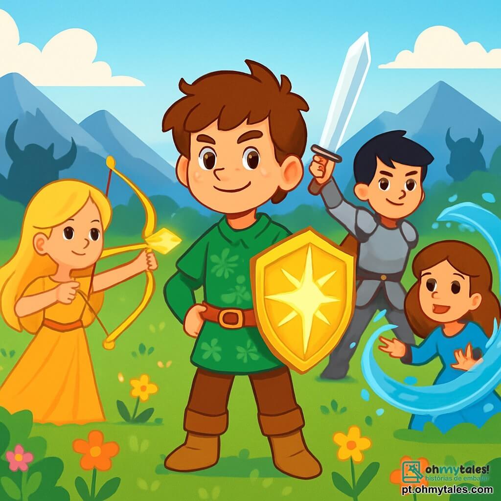 Um jovem chamado Leo, com cerca de 12 anos, está no centro da imagem. Ele tem cabelos castanhos bagunçados, olhos brilhantes de determinação e um sorriso corajoso. Ele veste uma túnica verde com padrões florais e segura um escudo mágico brilhante na mão direita. Ao seu lado, a princesa Elara, uma menina de 11 anos com longos cabelos loiros e um vestido leve, puxa uma flecha luminosa de seu arco, olhando para Leo com admiração, pronta para ajudar. Um pouco atrás, o príncipe Aric, um garoto de 13 anos com cabelos negros e uma armadura reluzente, empunha uma espada encantada, exibindo uma expressão de bravura. À extrema direita, Marina, uma menina de 12 anos com cabelos ondulados e um vestido azul, controla ondas de água cintilantes com as mãos, com um sorriso confiante no rosto. O cenário é um vasto campo verdejante, salpicado de flores coloridas, sob um céu azul brilhante, com montanhas majestosas ao fundo. Ao longe, sombras escuras se perfilam, representando a ameaça que pesa sobre o reino. A cena transmite uma atmosfera de aventura e camaradagem, ilustrando o momento em que os quatro amigos se preparam para enfrentar juntos o perigo que se aproxima.