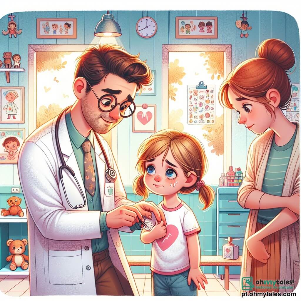 Um médico, o doutor Carlos, sorridente e gentil, usa um jaleco branco e um estetoscópio ao redor do pescoço. Ele tem cabelos castanhos e óculos redondos que lhe conferem um ar amigável. Ele está agachado, examinando o braço de uma menina com atenção e delicadeza. Ao lado dele, a pequena Sofia, de 6 anos, tem cabelos loiros e olhos azuis. Ela veste uma camiseta rosa e tem um leve sorriso, embora ainda tenha lágrimas nos olhos. Sua mãe, uma mulher de trinta anos com cabelos castanhos e uma expressão tranquilizadora, está ao lado dela, segurando sua mão para dar coragem. A cena ocorre em um consultório médico colorido, cheio de brinquedos e desenhos infantis nas paredes. Cartazes educativos sobre saúde decoram o ambiente, e uma luz suave entra pela janela, criando uma atmosfera acolhedora. O doutor Carlos examina o braço de Sofia, que acabou de cair no parque, e explica suavemente que vai fazer um curativo especial para ajudá-la a se sentir melhor.