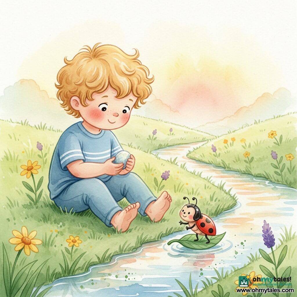 A smiling 2-year-old boy with curly blond hair and rosy cheeks sits in tender green grass, holding a smooth shiny pebble and watching a small red-and-black ladybug on a nearby leaf raise a leg as if pointing the way; he floats a leaf turned into a boat on a narrow crystalline stream reflecting orange and pink sunset hues in a calm, poetic scene with yellow and purple wildflowers, golden light, watercolor textures and subtle splash effects suggesting reflections on the water.