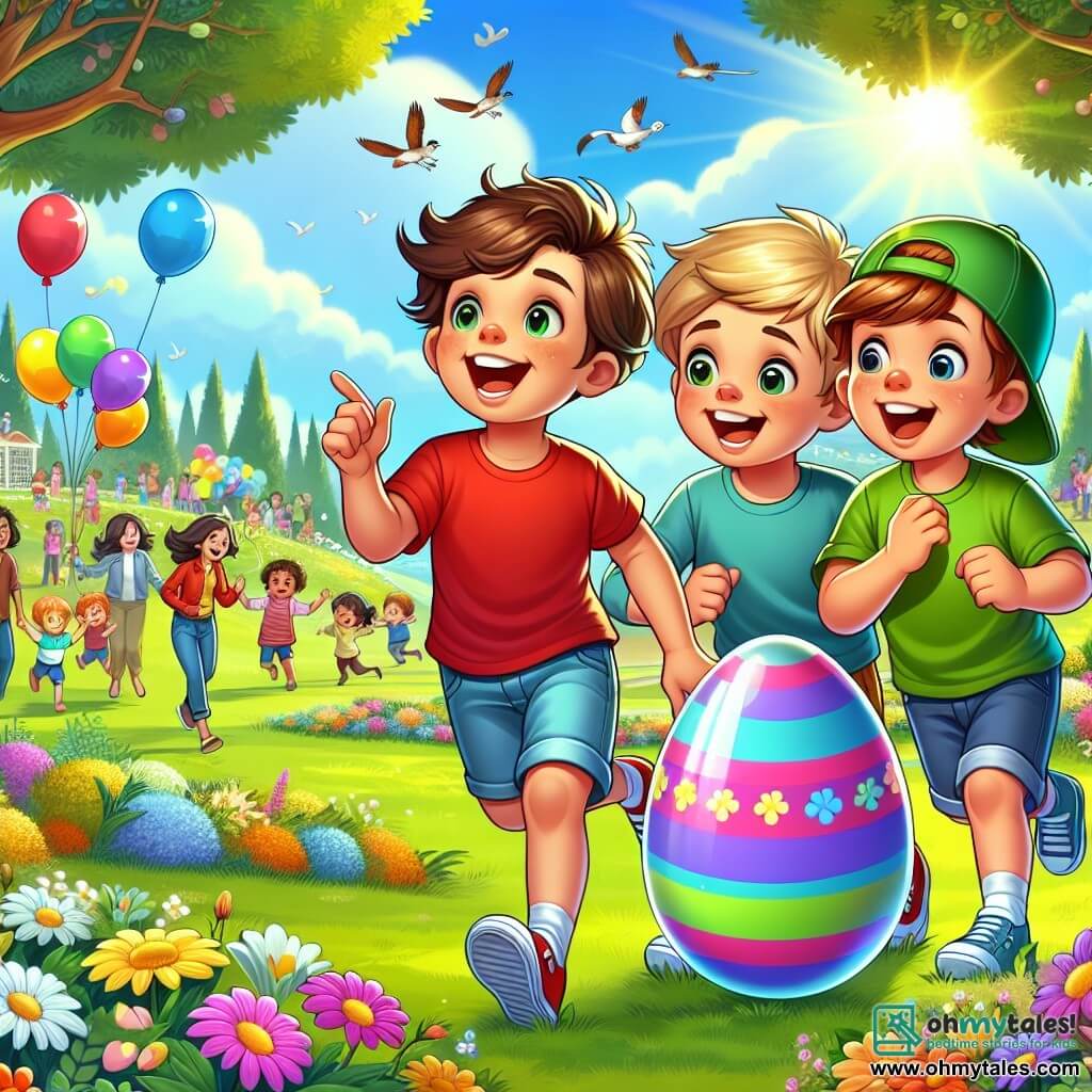 Three joyful boys stand in a sunny park. Tommy, a 7-year-old with messy brown hair and a red t-shirt, points to a colorful egg on the grass. Next to him, Max, a 6-year-old with blond hair and blue shorts, claps his hands enthusiastically. Leo, an 8-year-old with brown hair wearing a green cap, shakes a shiny egg with wide eyes. The park is filled with colorful flowers, floating balloons, and a big blue sky. In the distance, families are having fun, children are running with baskets, and Easter decorations hang from the trees. The three friends discover a giant egg on the grass, and upon opening it, they find a message inviting them to meet the Easter Bunny at a parade. They are all excited and ready to embark on an adventure to find him.