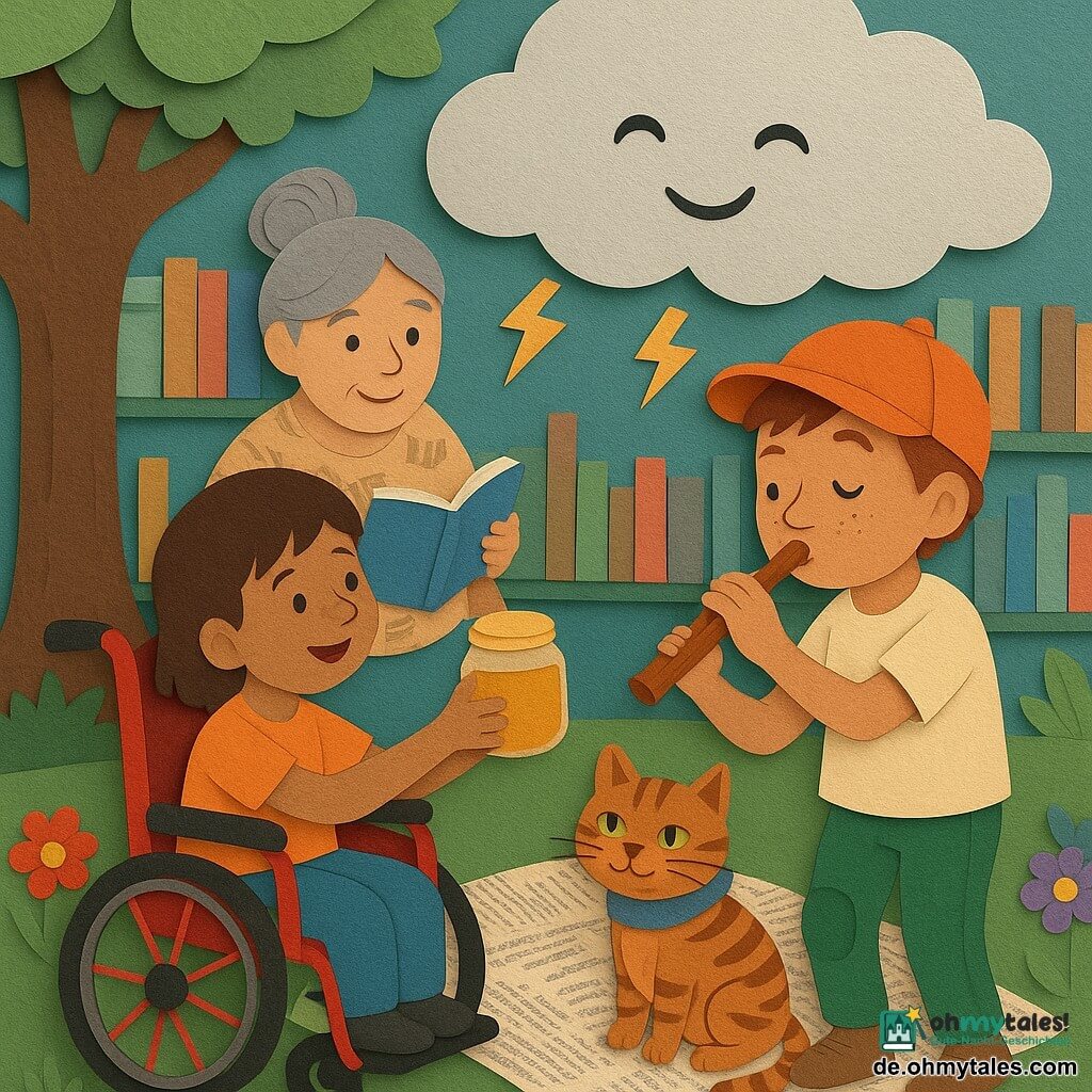 Vier Figuren in einem Garten hinter einer Bibliothek: Lina, 8 Jahre, kurz kastanienbraune Haare, sitzt in einem knallroten Rollstuhl mit Sternaufklebern, lächelt und reicht ein Honigglas; Ben, 8 Jahre, orange Kappe wie ein Umhang, Sommersprossen und grüne Kniebandage, spielt eine kleine Holzflöte und zieht Grimassen, steht rechts vom Rollstuhl; Frau Müller, Mitte fünfzig, Bibliothekarin mit grauem Dutt und Pullover mit Buchmotiven, sitzt zentral hinten auf einer Decke aus ausgeschnittenen Buchseiten, bietet einen Teller Kekse und hält ein aufgeschlagenes Büchlein; die Bibliothekskatze, getigert mit grünen Augen und blauem Schal, schnurrt auf der Decke neben Lina. Der Ort zeigt einen texturierten Rasen, einen alten Apfelbaum links und im Hintergrund stilisierte Papierregale und bunte Blumen; die Szene ist eine warme, magische Versammlung, Kinder singen leise und reichen Kekse, um eine mürrische Wolke über ihnen zu trösten, die überrascht lächelt, metallisch gezeichnete Blitze entspannen sich, weiche Pastelltöne mit lebhaften Akzenten und collagierte Papiertexturen.