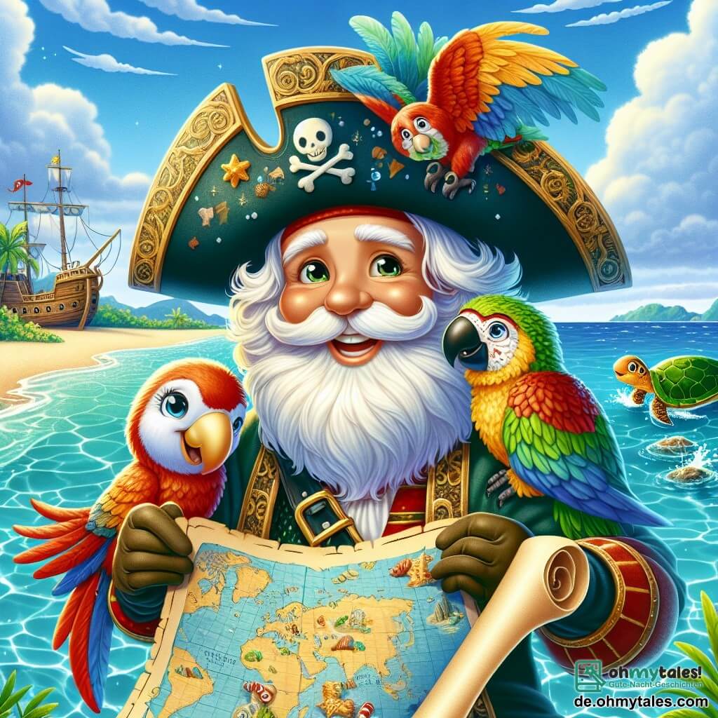 Im Mittelpunkt des Bildes steht die Hauptfigur, Kapitän Klaus, ein älterer Mann mit einem langen, weißen und buschigen Bart, der einen großen Piratenhut mit bunten Federn trägt. Er hat ein warmes Lächeln und funkelnde, schelmische Augen, hält eine Schatzkarte in einer Hand und ein glänzendes Schwert in der anderen, während er auf dem Deck seines Schiffs, der "Glücklichen Muschel", steht. Neben ihm sitzt der Papagei Pico, ein Vogel mit lebhaften roten, blauen und grünen Federn, der neugierig auf die Karte schaut. Weiter weg schwimmt die freundliche Schildkröte Tilly, eine Meeresschildkröte mit grünen und goldenen Schuppen, fröhlich im kristallklaren Wasser und beobachtet die Wellen, die gegen das Schiff schlagen. Die Szene spielt in einem wunderschönen türkisfarbenen Ozean mit üppigen Inseln am Horizont und einem blauen Himmel, der mit flauschigen weißen Wolken gesprenkelt ist. Die Sonne scheint intensiv und erzeugt funkelnde Reflexionen auf dem Wasser. Die Hauptsituation zeigt Kapitän Klaus, der die Schatzkarte seinen Freunden präsentiert, mit einem Ausdruck der Aufregung auf seinem Gesicht, während Pico fröhlich zwitschert und Tilly aus dem Wasser auftaucht, bereit für ein neues Abenteuer.