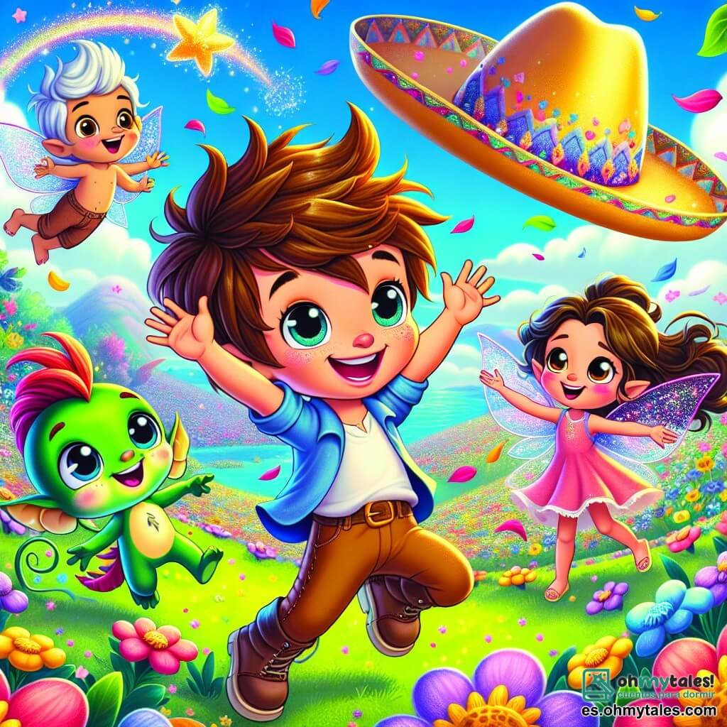 En un paisaje colorido y encantador, Toby, un niño de tres años con cabello castaño desordenado y una gran sonrisa, se encuentra en el centro, con los brazos levantados, rodeado de sus amigos. A su derecha, Pepo, un pequeño duende de orejas puntiagudas y piel verde, ríe mientras intenta atrapar su propio sombrero que vuela con el viento. A la izquierda, Lila, una niña de cuatro años con alas brillantes y un vestido rosa, vuela alegremente lanzando chispas de magia a su alrededor. Finalmente, Max, un pequeño dragón azul con escamas brillantes y ojos chispeantes, está saltando para atrapar el Sombrero Mágico que flota sobre ellos. El escenario es la Colina de los Colores, donde flores vibrantes cambian de color constantemente y un cielo azul brillante está salpicado de nubes esponjosas. El viento juega con las hojas y los pétalos, creando una atmósfera alegre y mágica. La situación principal muestra a Toby y sus amigos en plena caza del Sombrero Mágico, que se escapa flotando en el aire, mientras caramelos de colores comienzan a caer del cielo, añadiendo un toque de magia a su aventura.